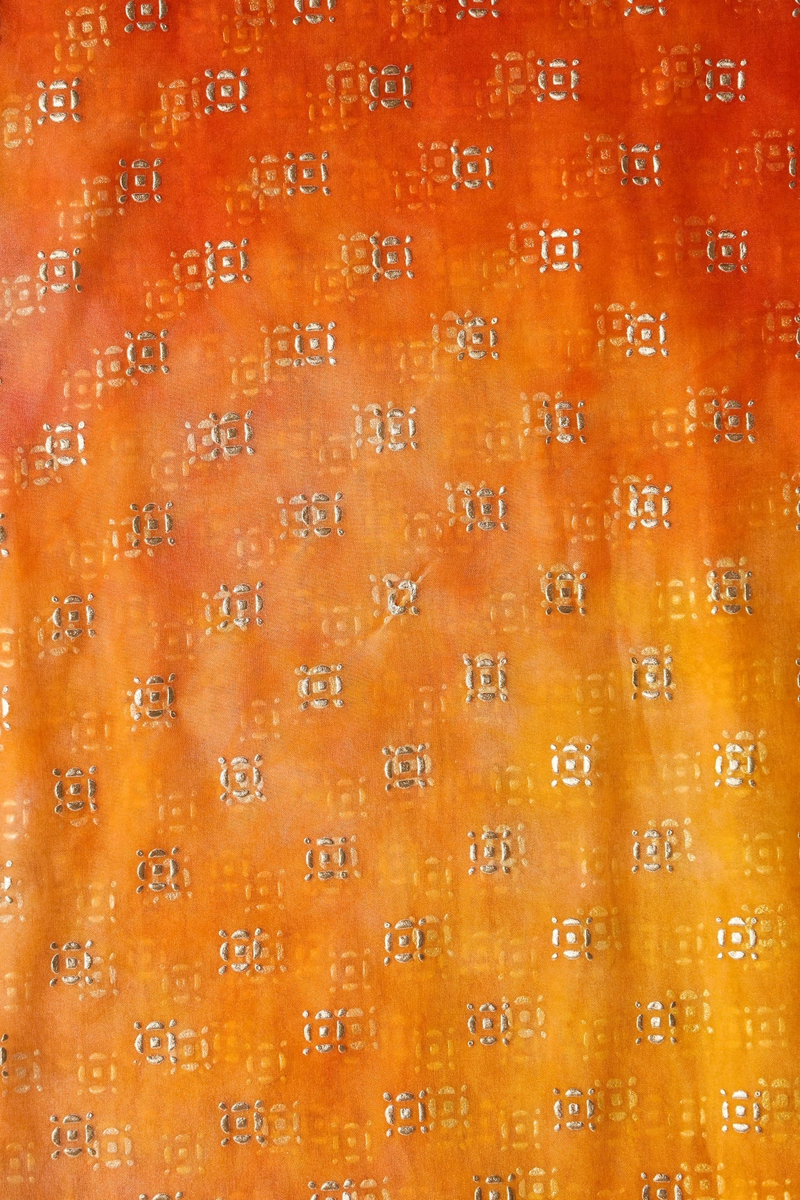 Orange And Yellow Tie & Dye Shibori Small Motif Foil Print On Organza Fabric - doeraa