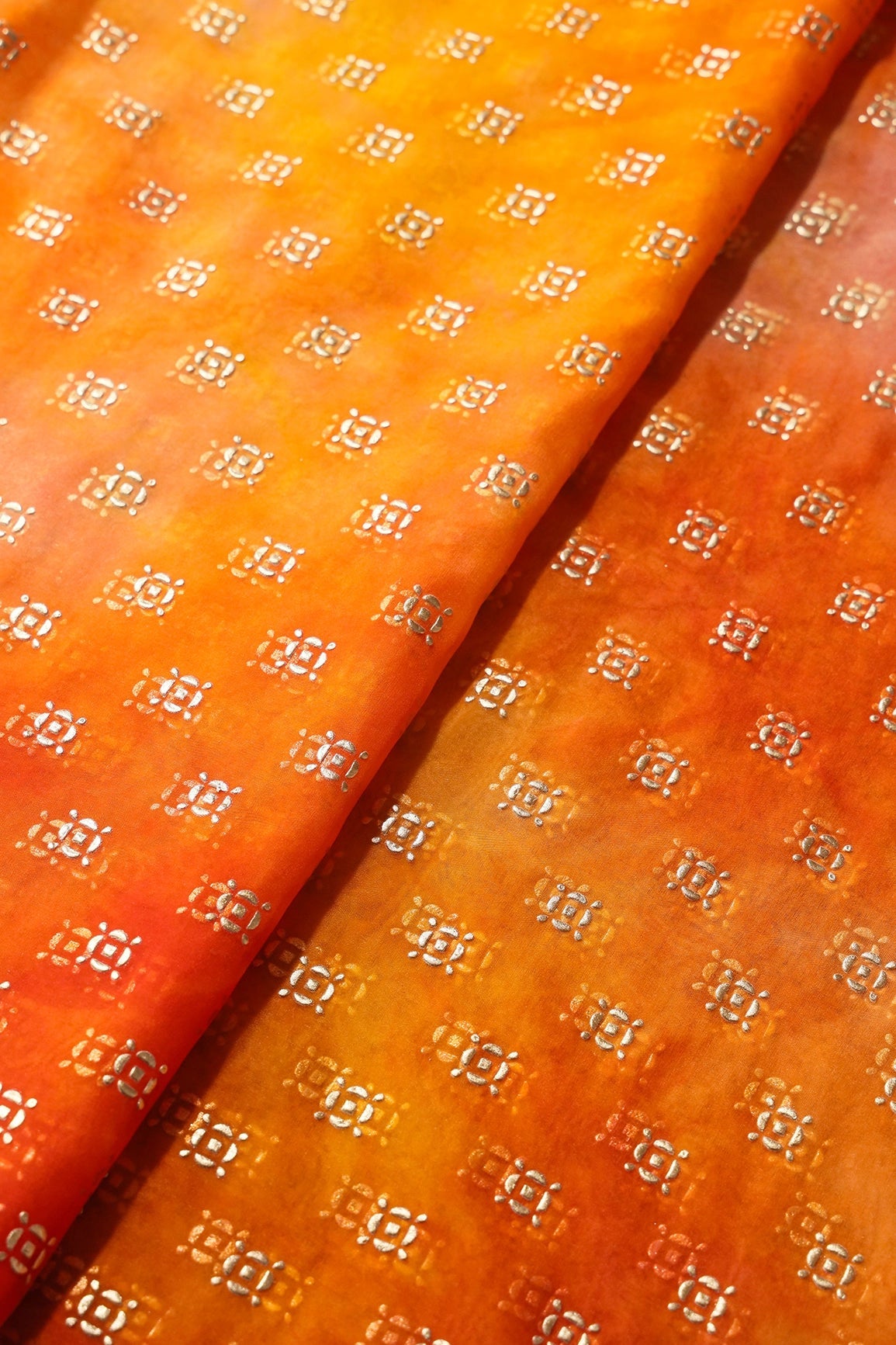 Orange And Yellow Tie & Dye Shibori Small Motif Foil Print On Organza Fabric - doeraa