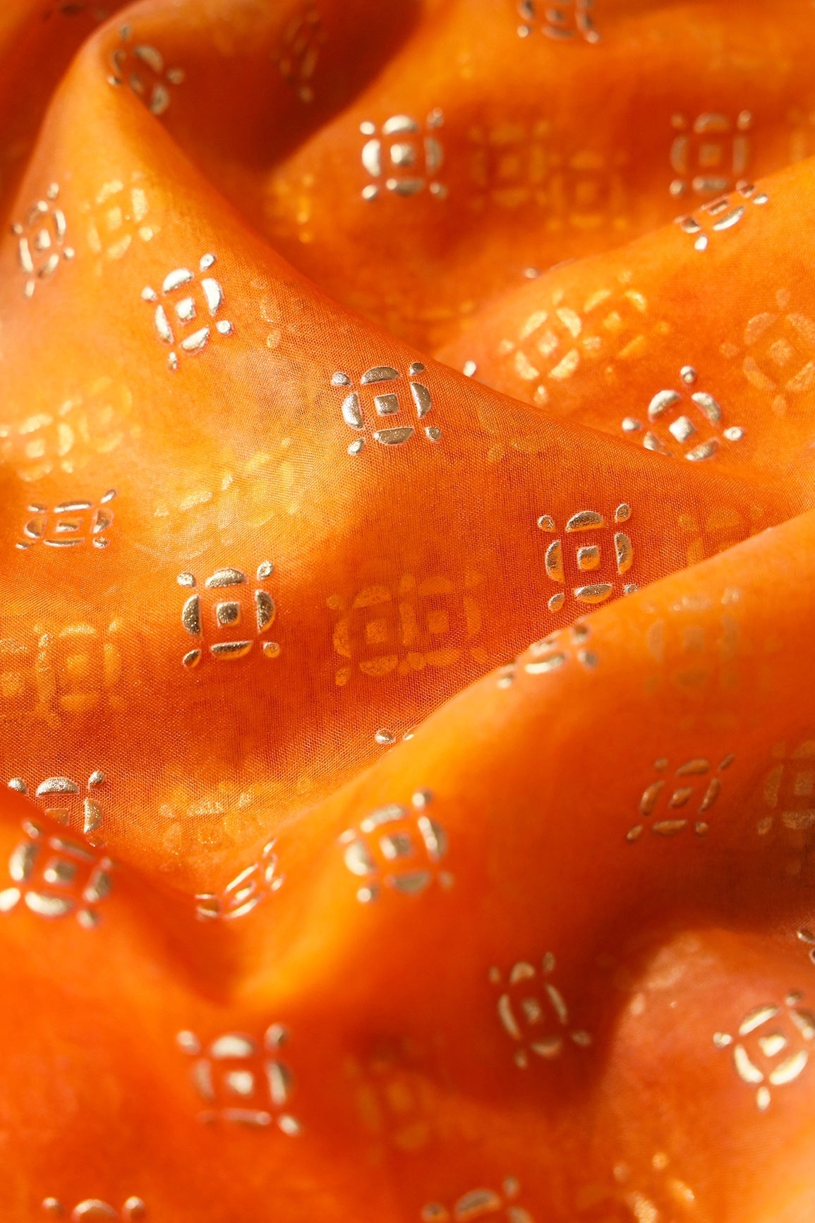 Orange And Yellow Tie & Dye Shibori Small Motif Foil Print On Organza Fabric - doeraa