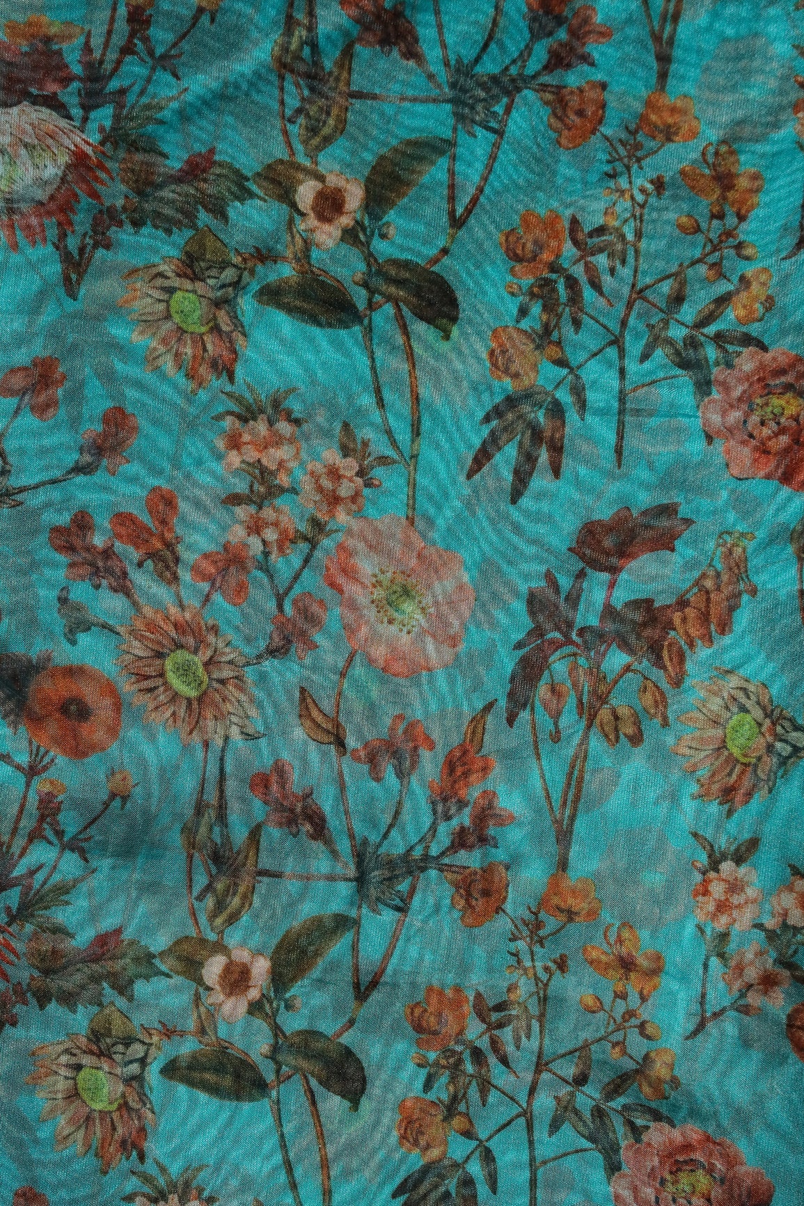 Orange Floral Pattern Digital Print On Rama Organza Fabric - doeraa
