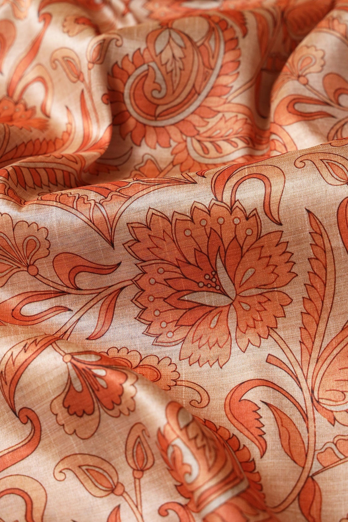Orange Paisley Pattern Digital Print On Mulberry Silk Fabric - doeraa