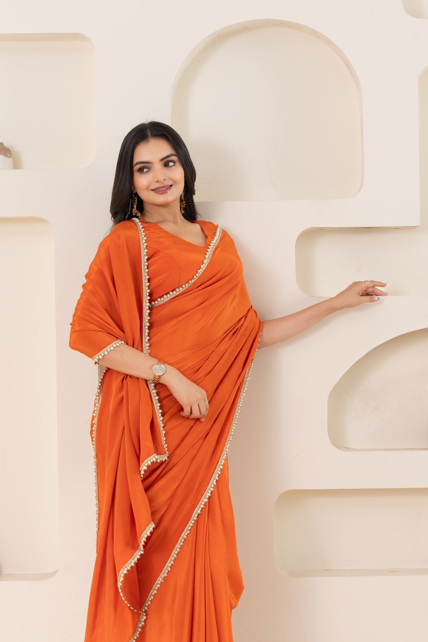 Orange Pure Viscose Crepe Saree Set With Border (Saree With Blouse Piece) - doeraa
