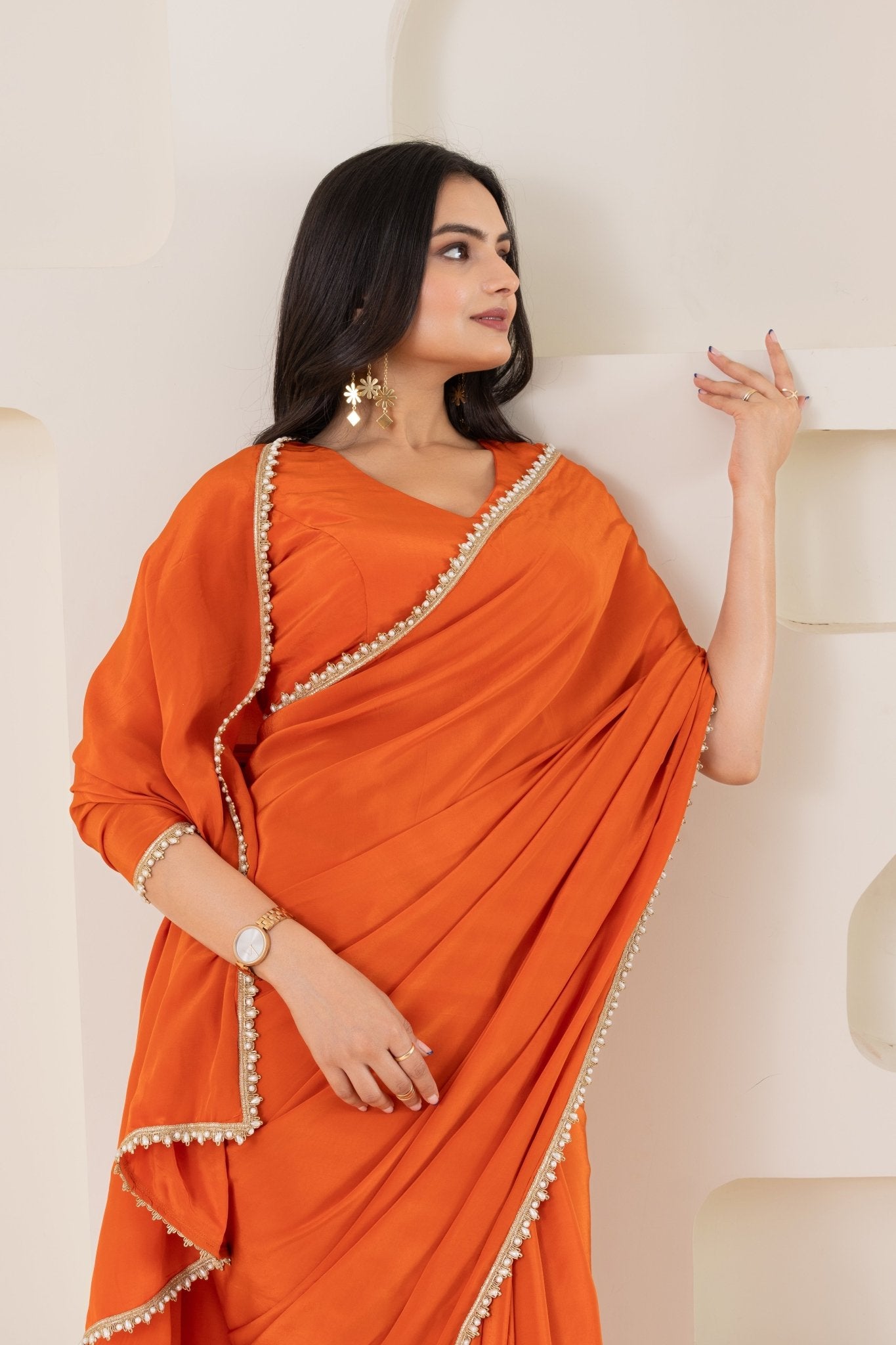 Orange Pure Viscose Crepe Saree Set With Border (Saree With Blouse Piece) - doeraa