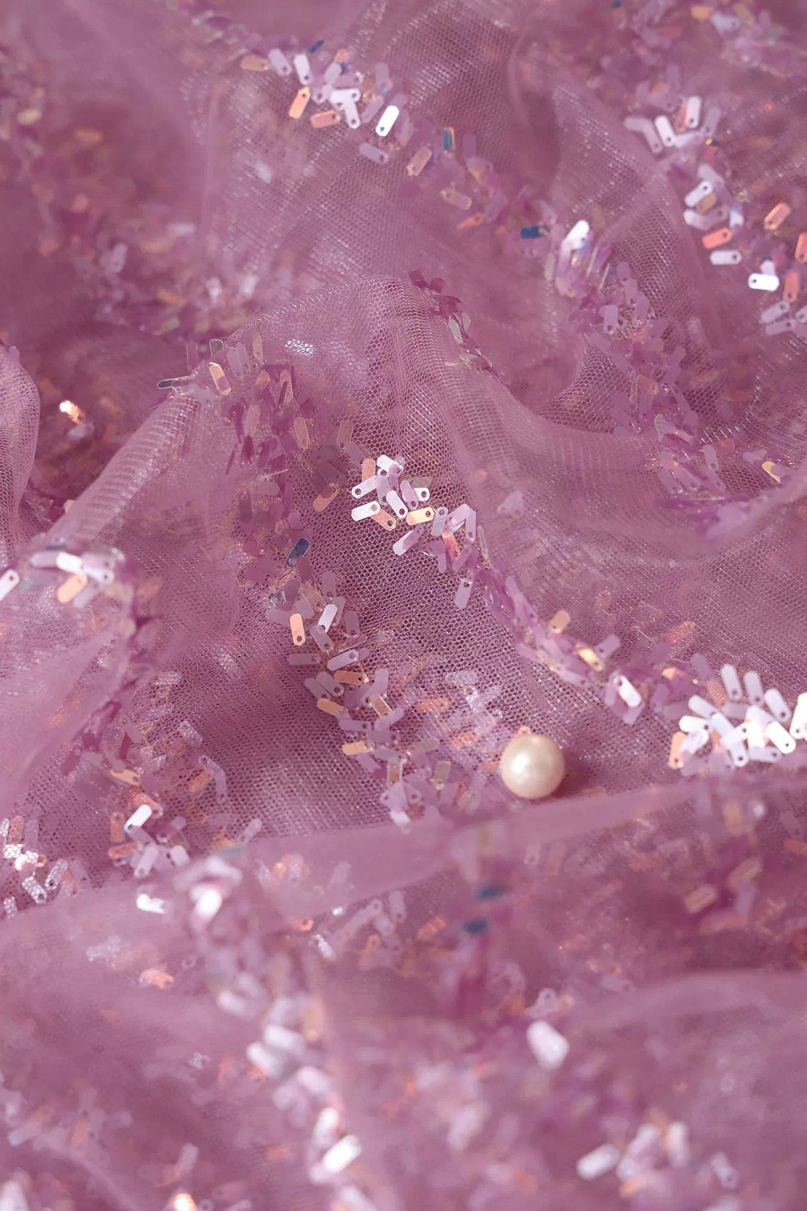 Oval Sequins Geometric Embroidery Work On Mauve Soft Net Fabric - doeraa