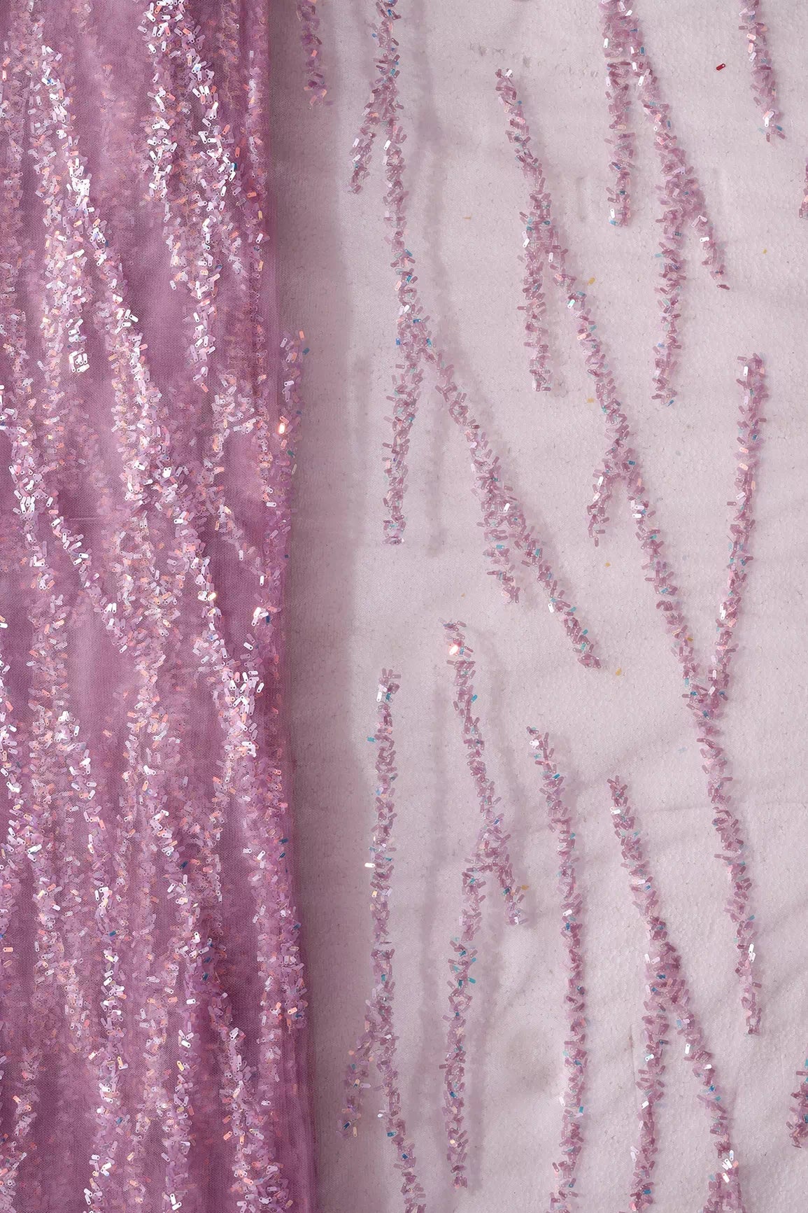 Oval Sequins Geometric Embroidery Work On Mauve Soft Net Fabric - doeraa