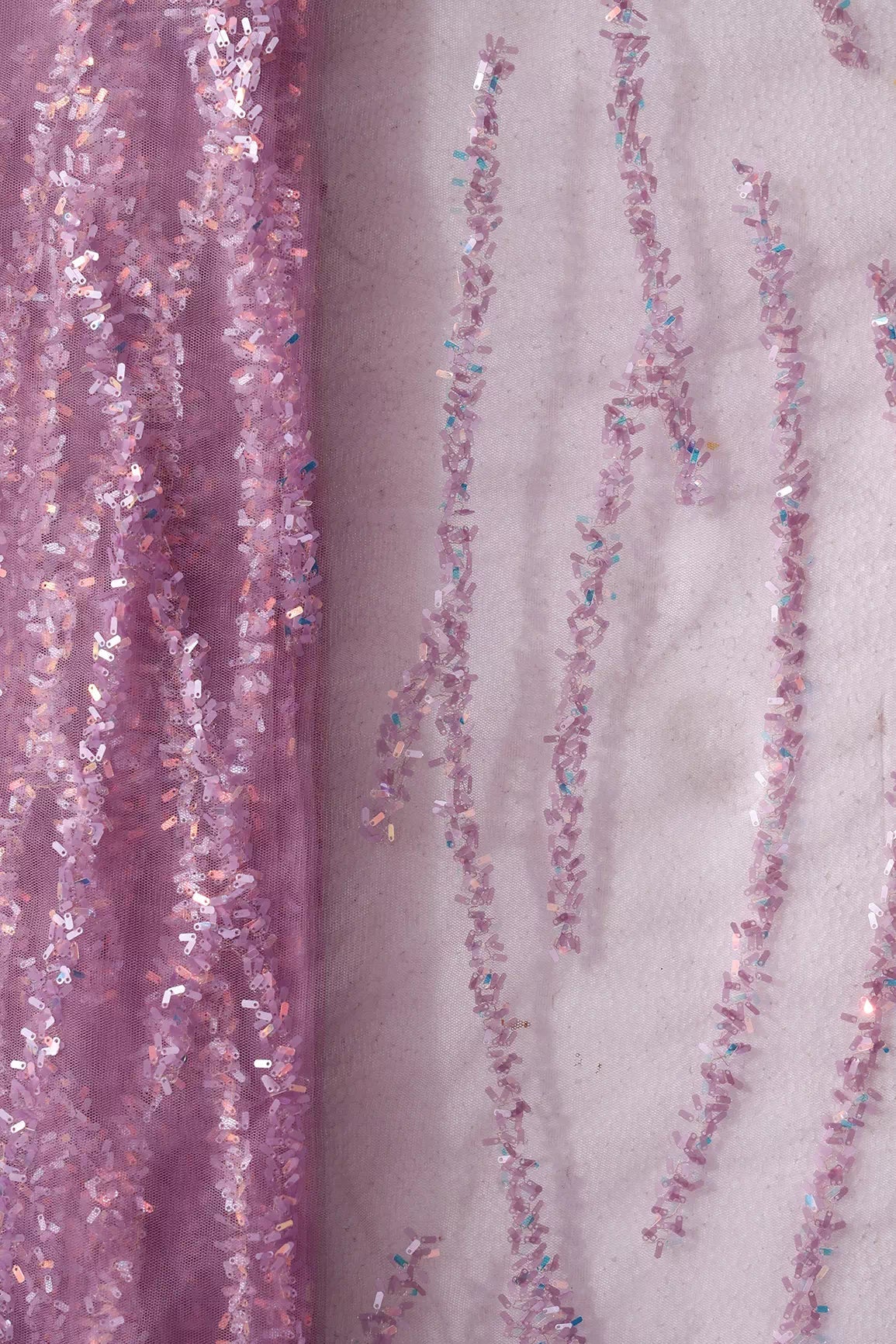 Oval Sequins Geometric Embroidery Work On Mauve Soft Net Fabric - doeraa