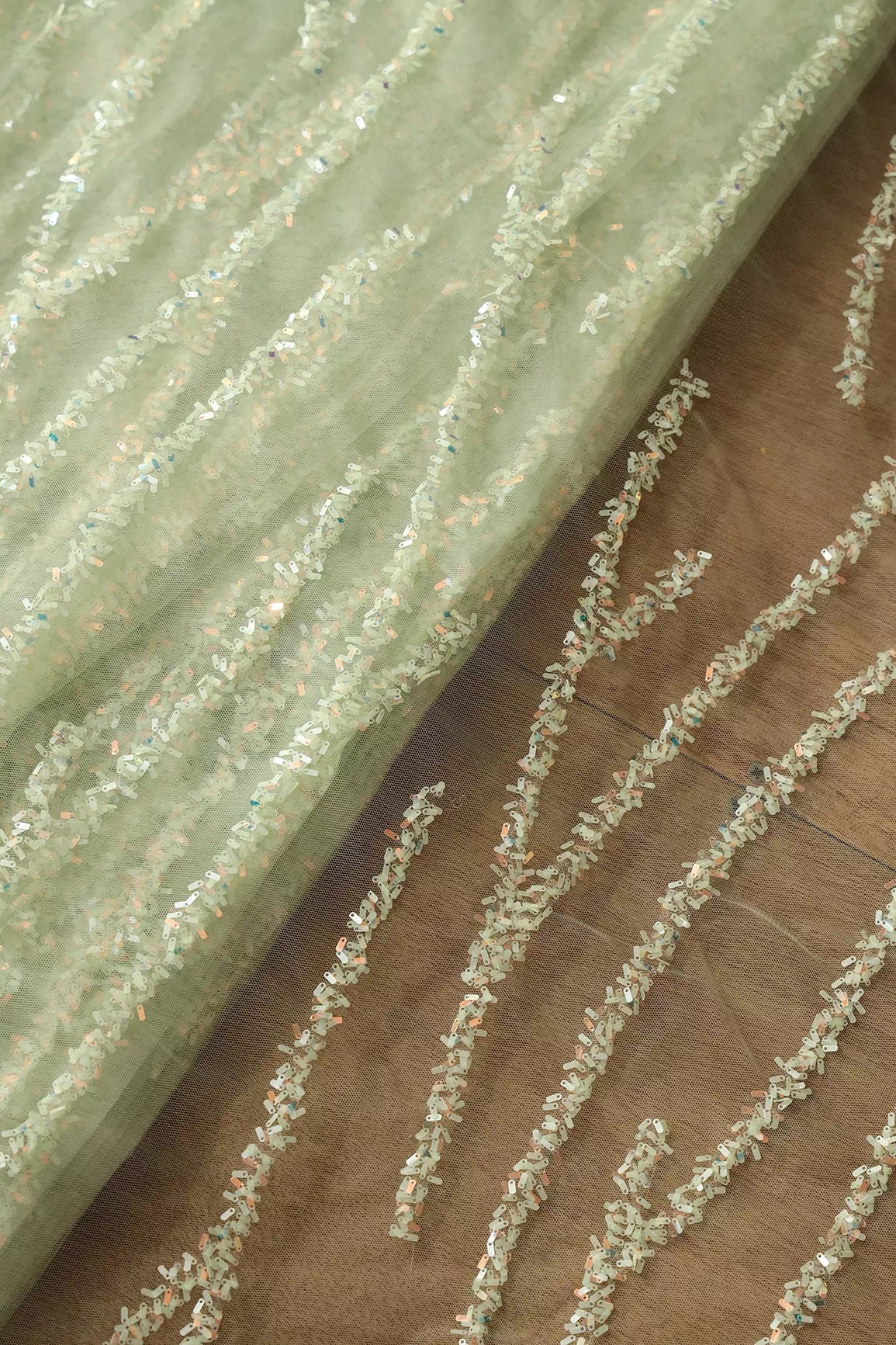 Oval Sequins Geometric Embroidery Work On Olive Soft Net Fabric - doeraa