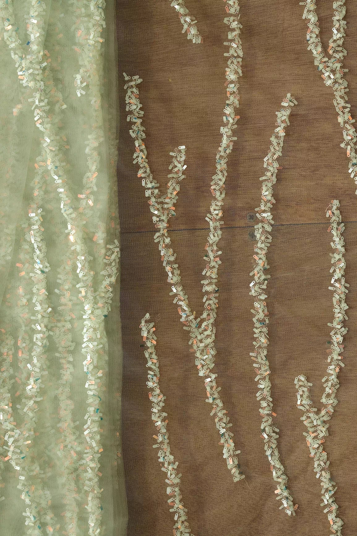 Oval Sequins Geometric Embroidery Work On Olive Soft Net Fabric - doeraa