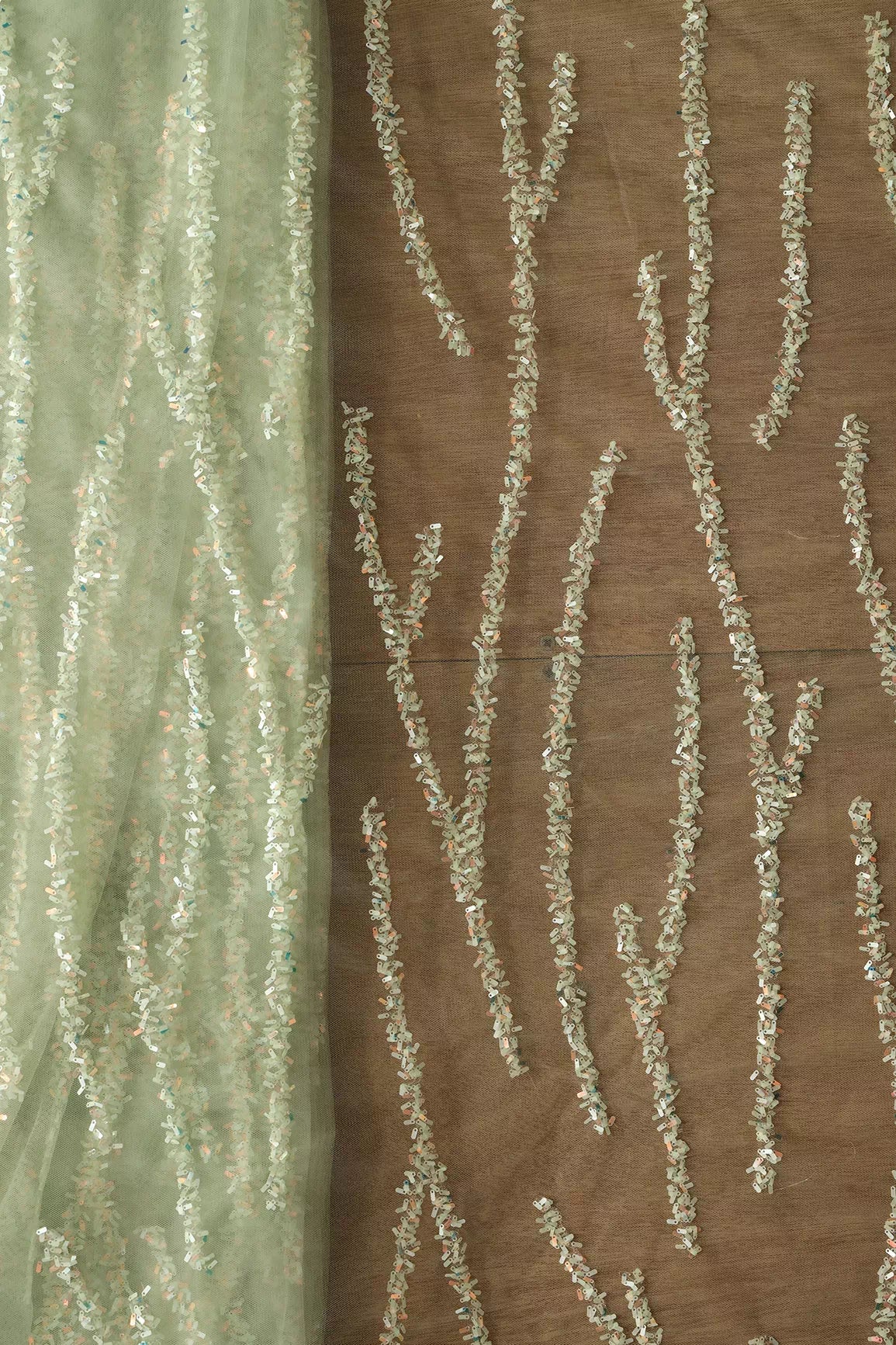 Oval Sequins Geometric Embroidery Work On Olive Soft Net Fabric - doeraa