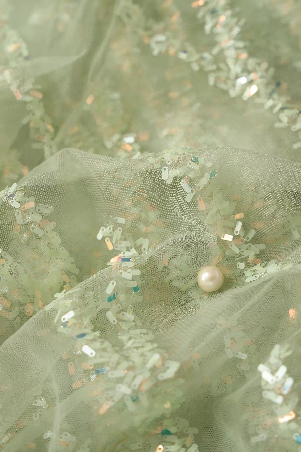 Oval Sequins Geometric Embroidery Work On Olive Soft Net Fabric - doeraa