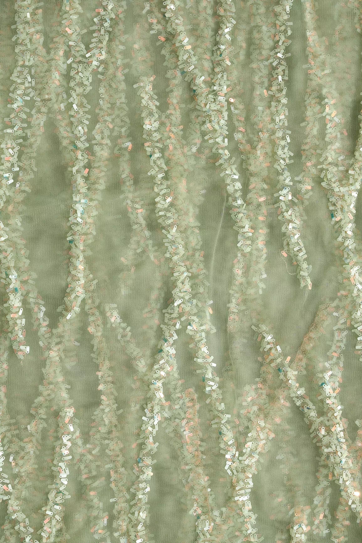 Oval Sequins Geometric Embroidery Work On Olive Soft Net Fabric - doeraa