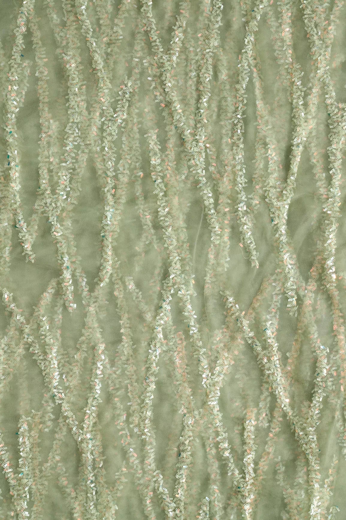 Oval Sequins Geometric Embroidery Work On Olive Soft Net Fabric - doeraa