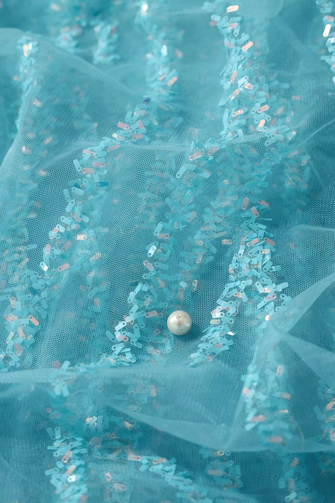 Oval Sequins Geometric Embroidery Work On Sky Blue Soft Net Fabric - doeraa