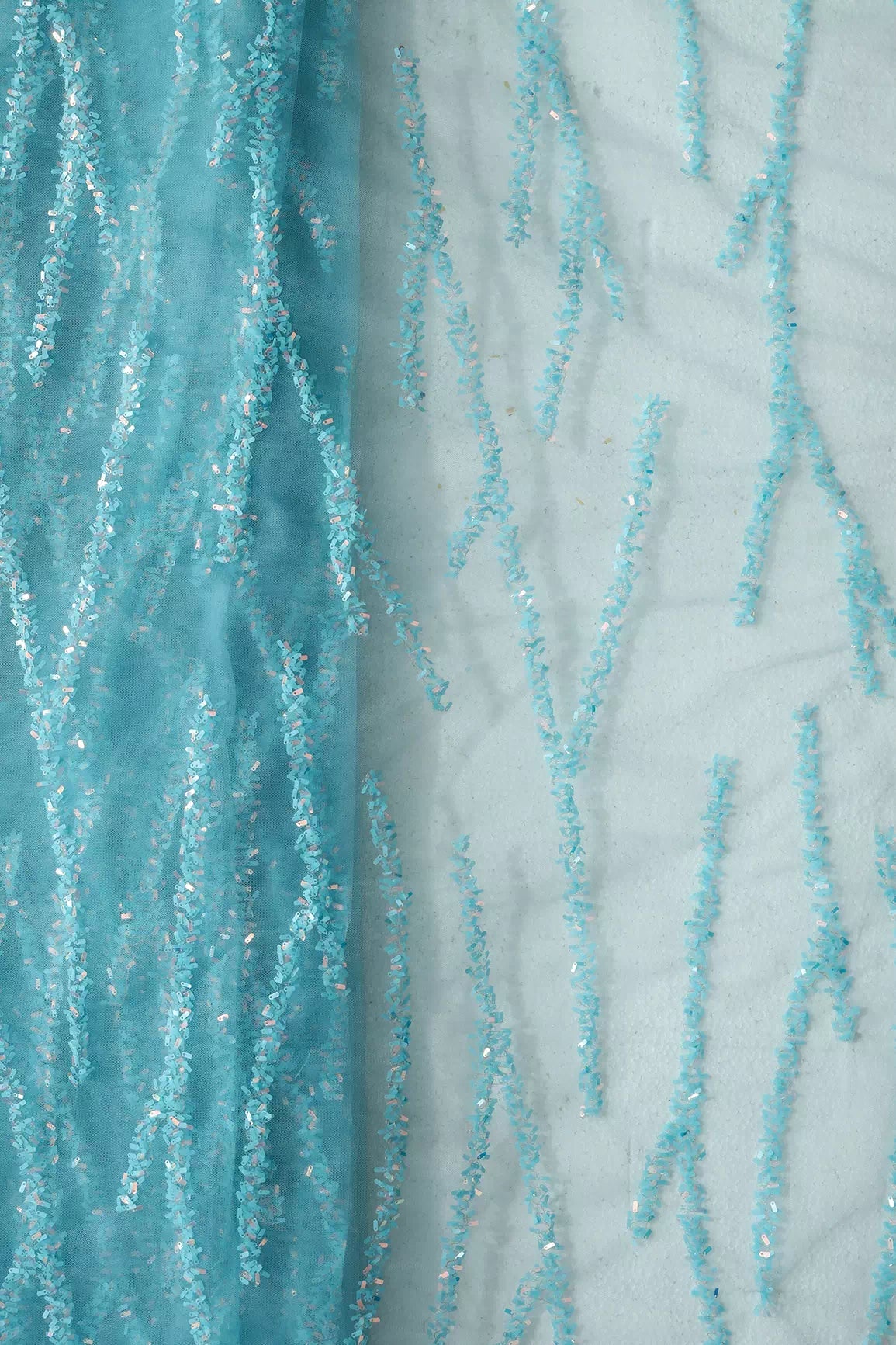 Oval Sequins Geometric Embroidery Work On Sky Blue Soft Net Fabric - doeraa