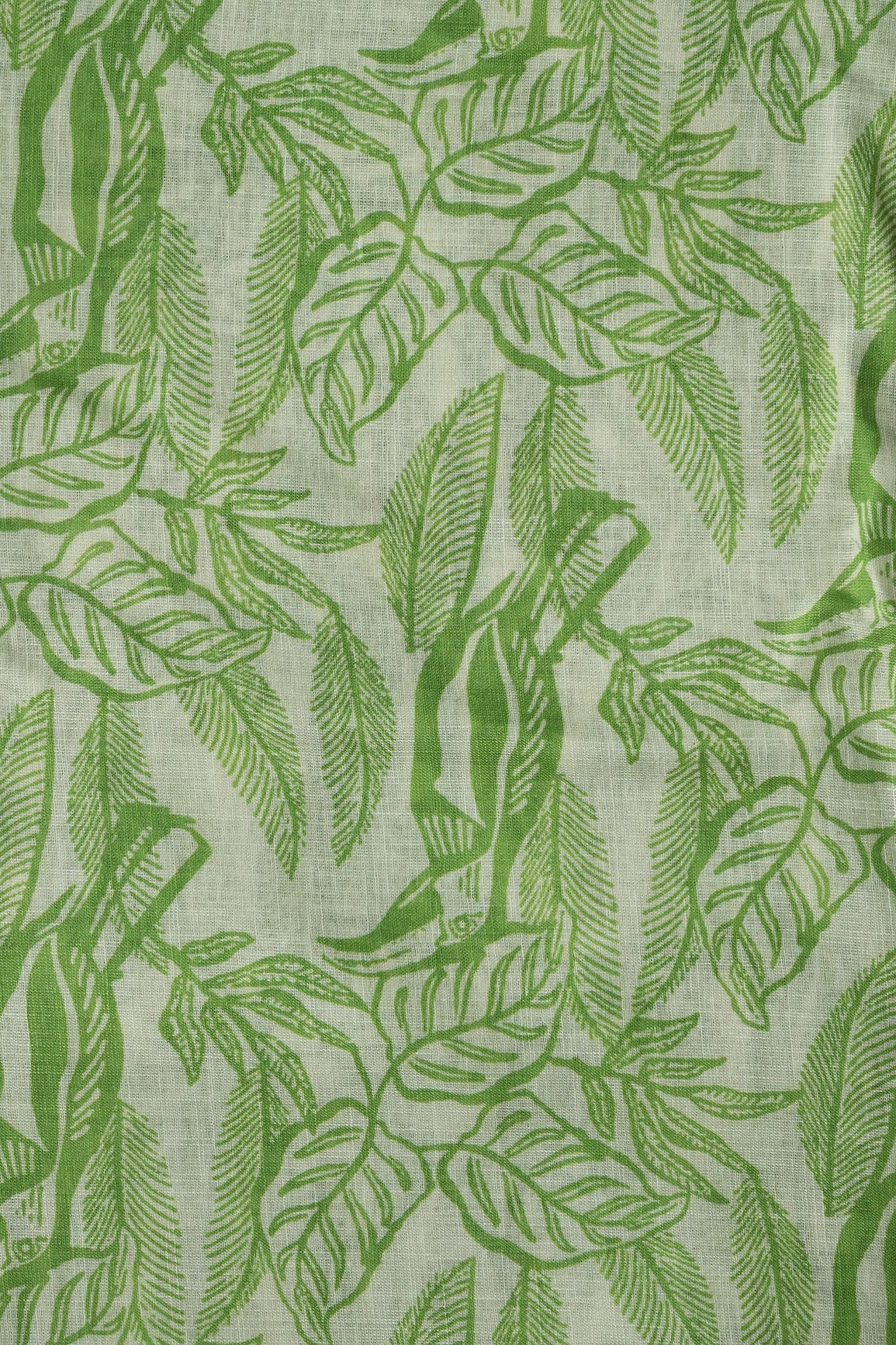 Parrot And Off White Leafy Digital Print On Poly Linen Fabric - doeraa