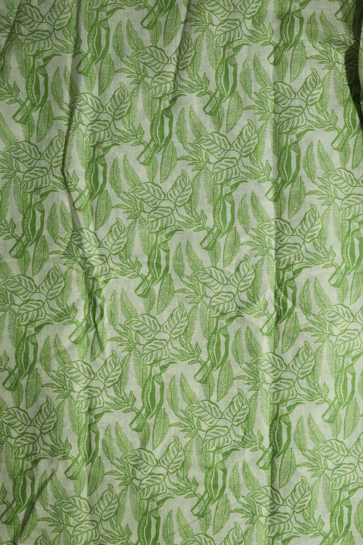 Parrot And Off White Leafy Digital Print On Poly Linen Fabric - doeraa