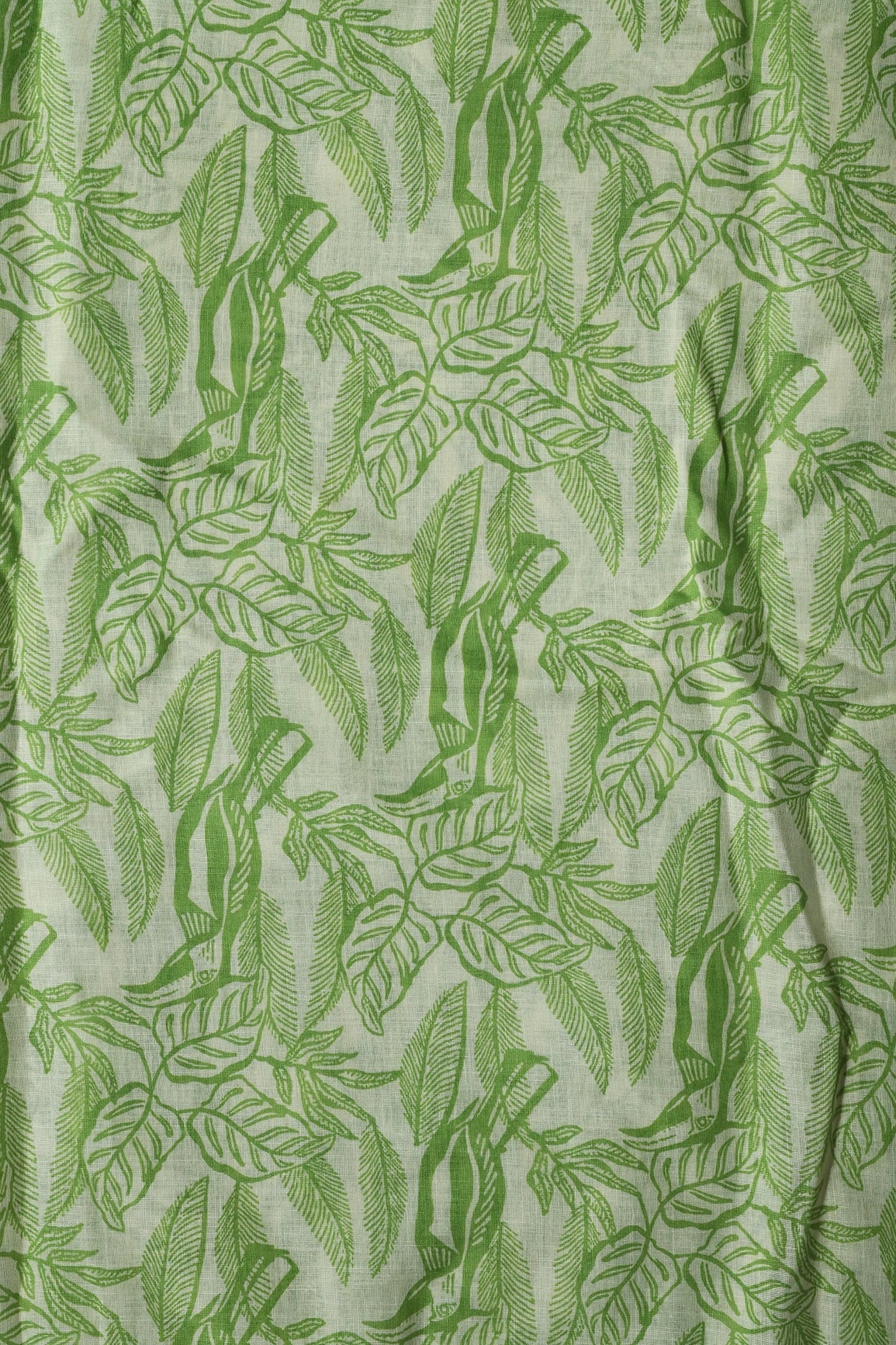 Parrot And Off White Leafy Digital Print On Poly Linen Fabric - doeraa