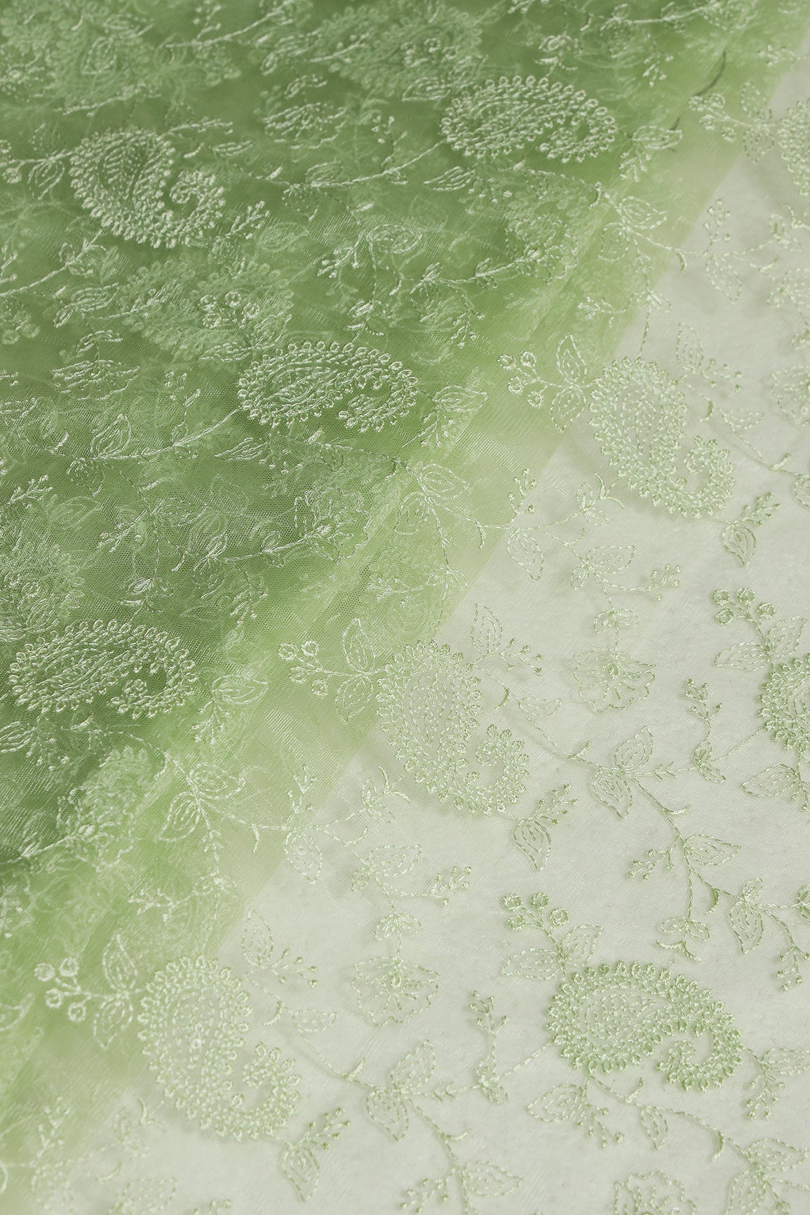 Parrot Green Thread With Water Sequins Floral Paisley Embroidery Work On Parrot Green Soft Net Fabric - doeraa