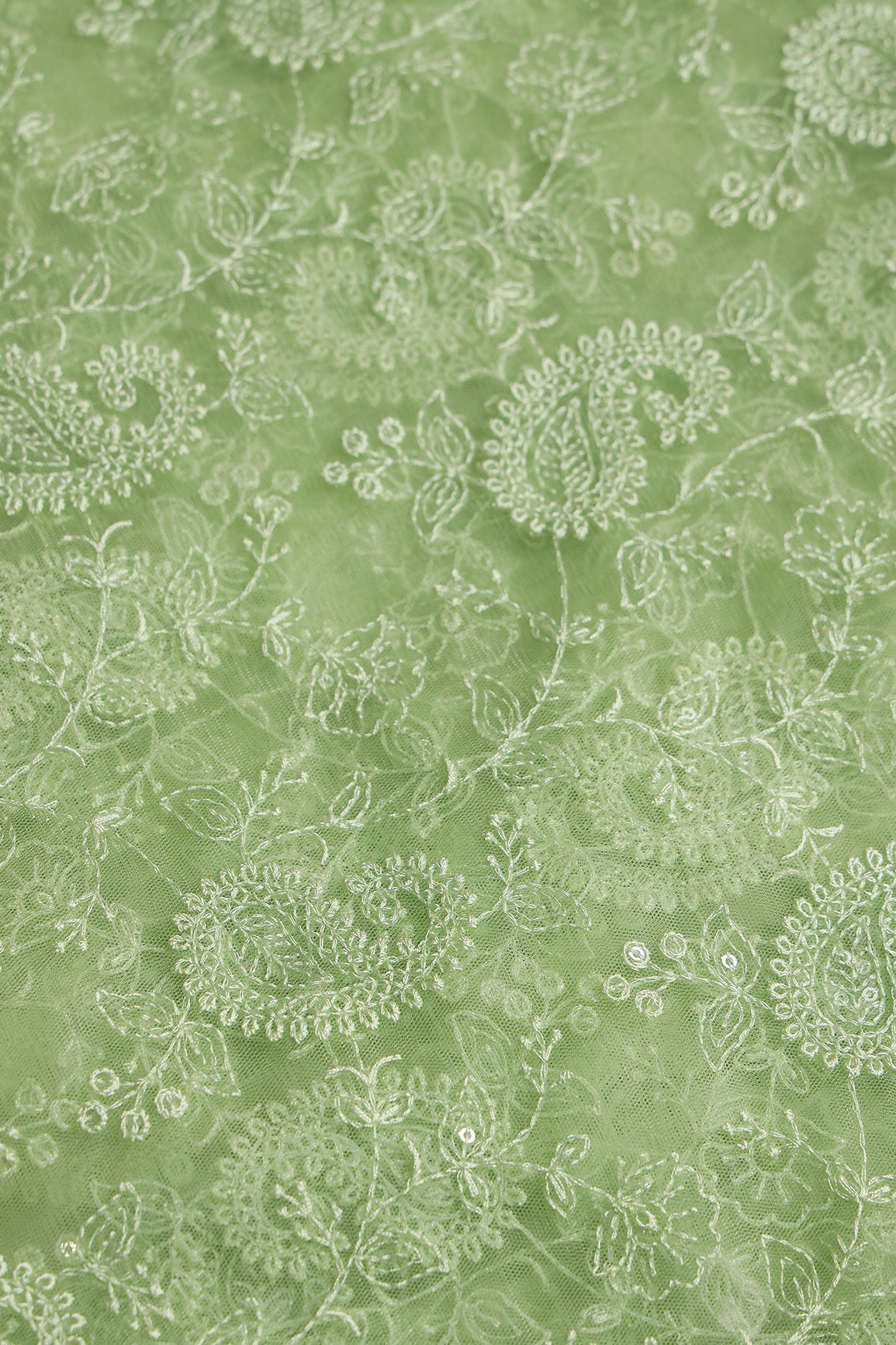 Parrot Green Thread With Water Sequins Floral Paisley Embroidery Work On Parrot Green Soft Net Fabric - doeraa