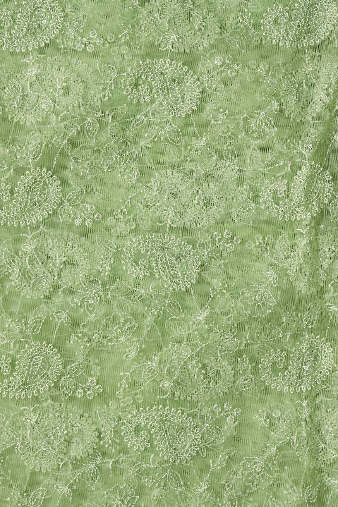 Parrot Green Thread With Water Sequins Floral Paisley Embroidery Work On Parrot Green Soft Net Fabric - doeraa