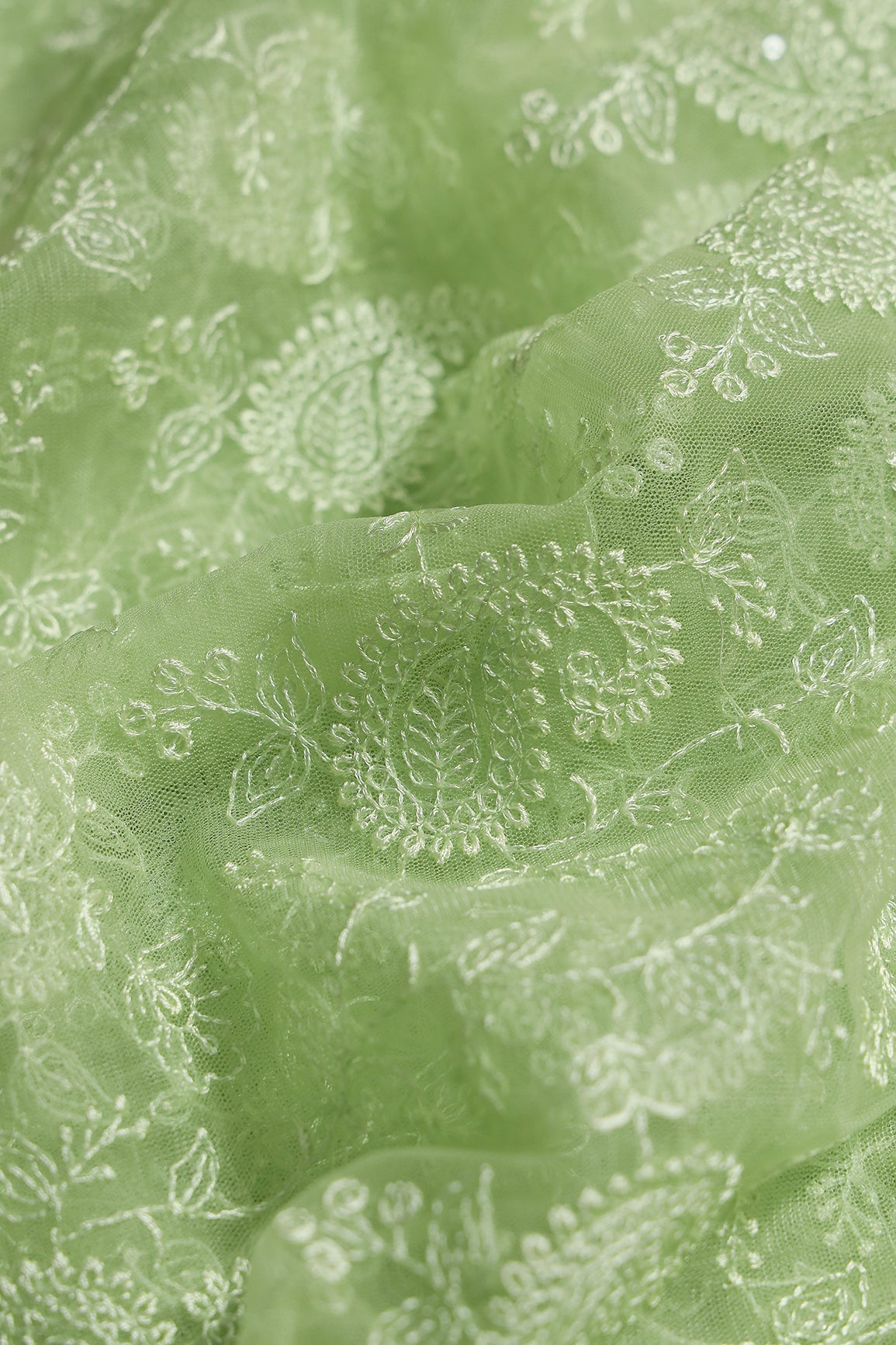 Parrot Green Thread With Water Sequins Floral Paisley Embroidery Work On Parrot Green Soft Net Fabric - doeraa