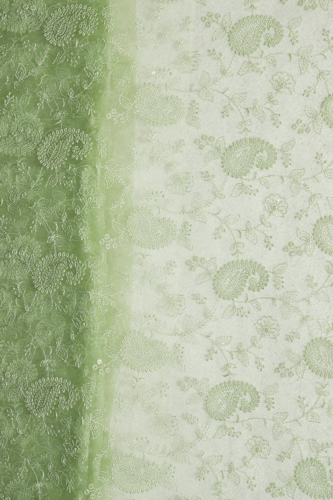 Parrot Green Thread With Water Sequins Floral Paisley Embroidery Work On Parrot Green Soft Net Fabric - doeraa