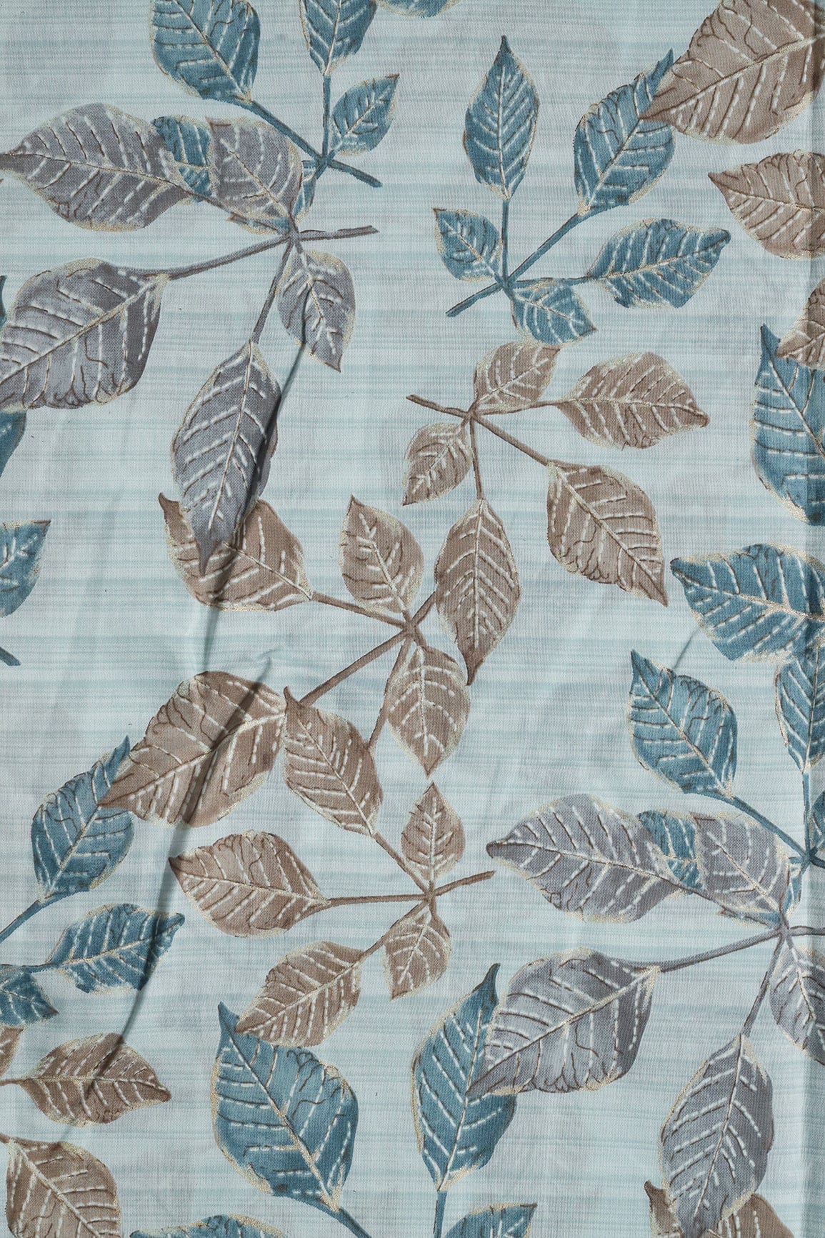 Pastel Blue And Brown Leafy Foil Print On Viscose Chanderi Silk Fabric - doeraa