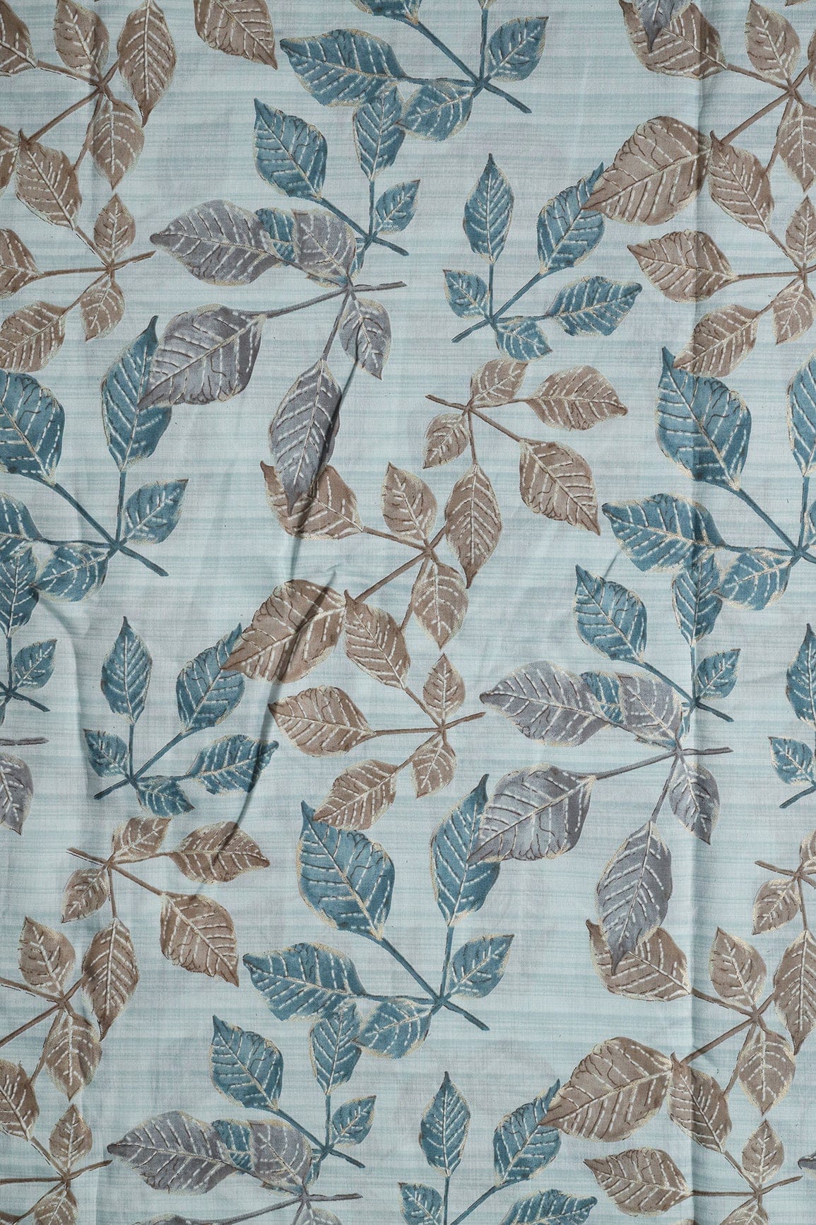 Pastel Blue And Brown Leafy Foil Print On Viscose Chanderi Silk Fabric - doeraa