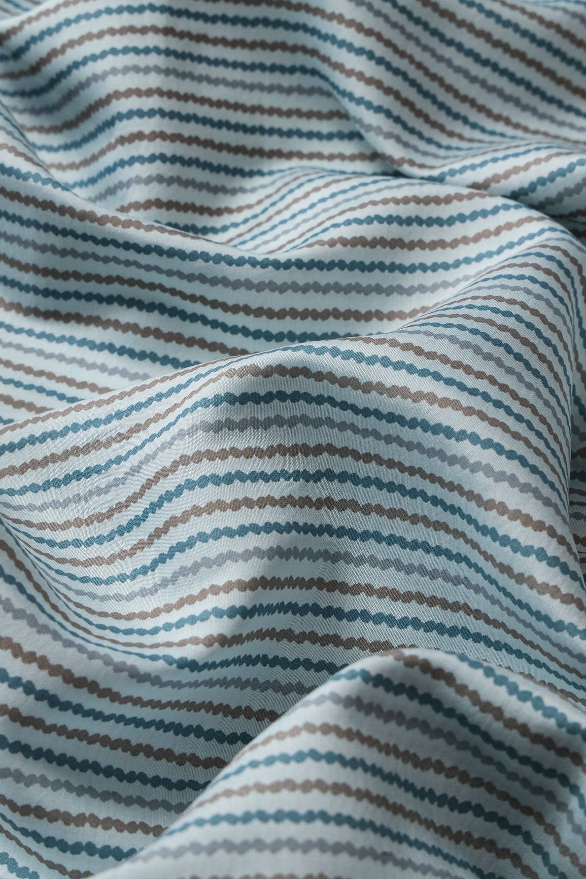 Pastel Blue And Brown Stripes Print On Viscose Chanderi Silk Fabric - doeraa