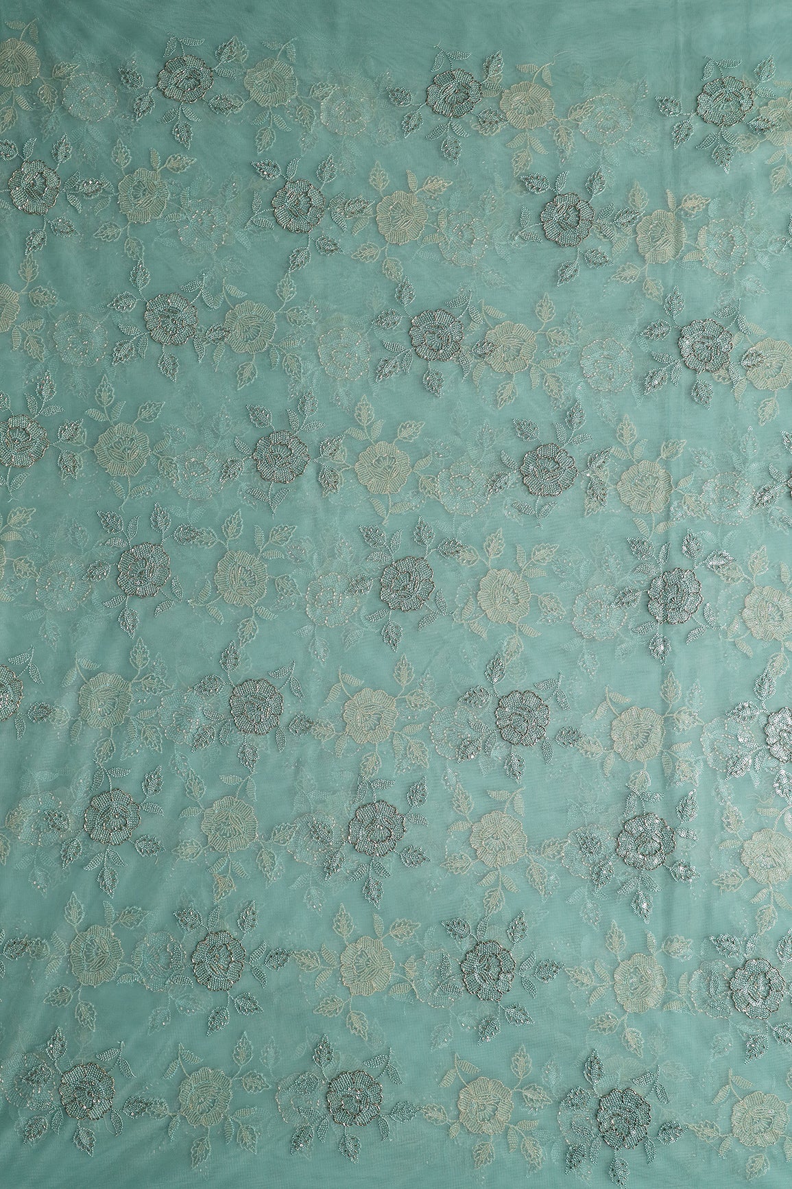 Pastel Blue Thread & Beads With Water Sequins Floral Embroidery Work On Pastel Blue Soft Net Fabric - doeraa