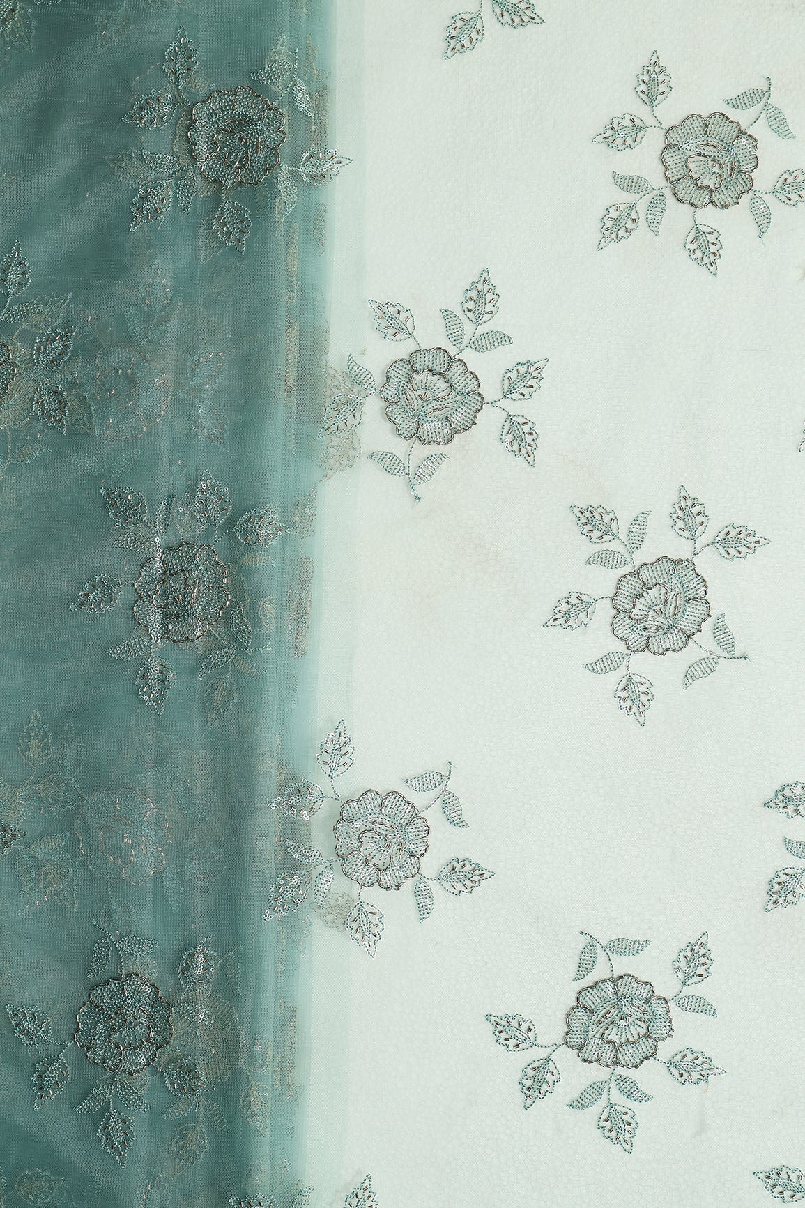 Pastel Blue Thread & Beads With Water Sequins Floral Embroidery Work On Pastel Blue Soft Net Fabric - doeraa