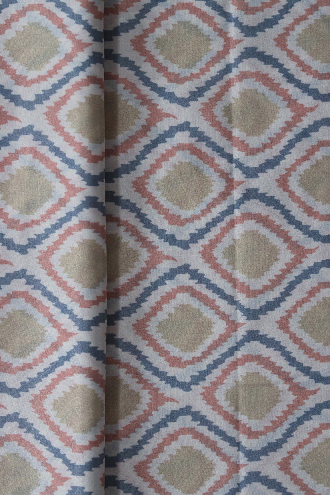Pastel Peach And Olive Ikat Pattern Digital Print On French Crepe Fabric - doeraa