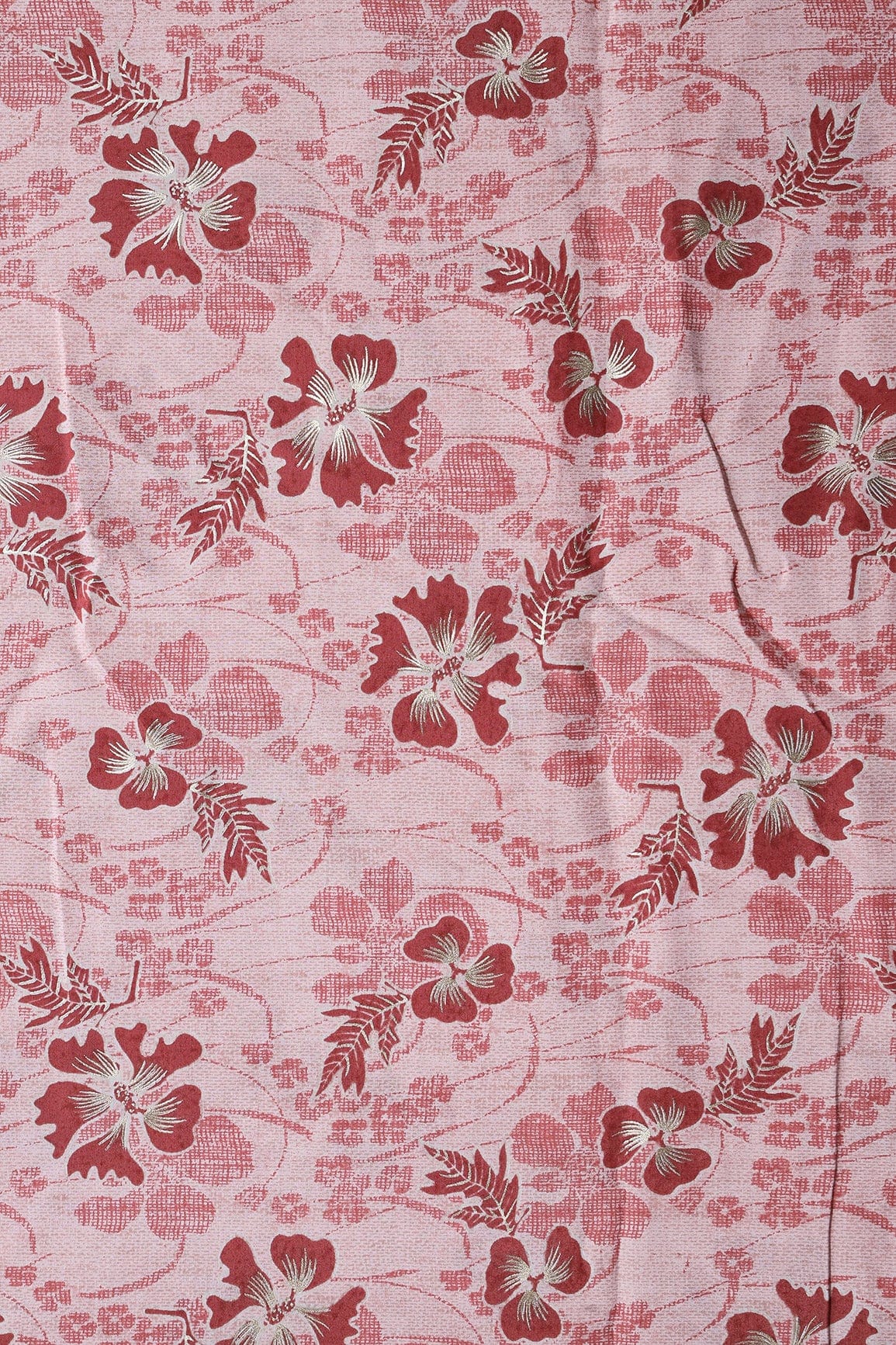 Pastel Pink And Brick Red Floral Foil Print On Viscose Chanderi Silk Fabric - doeraa