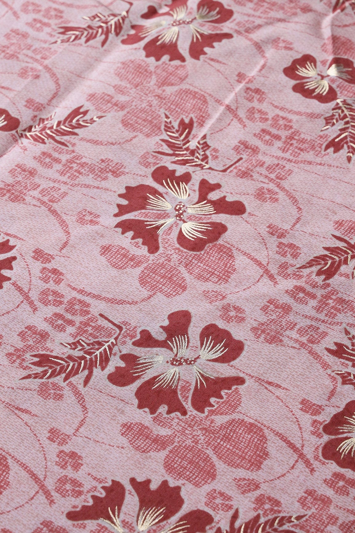 Pastel Pink And Brick Red Floral Foil Print On Viscose Chanderi Silk Fabric - doeraa