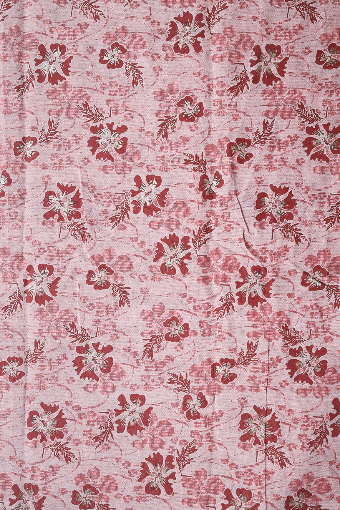 Pastel Pink And Brick Red Floral Foil Print On Viscose Chanderi Silk Fabric - doeraa