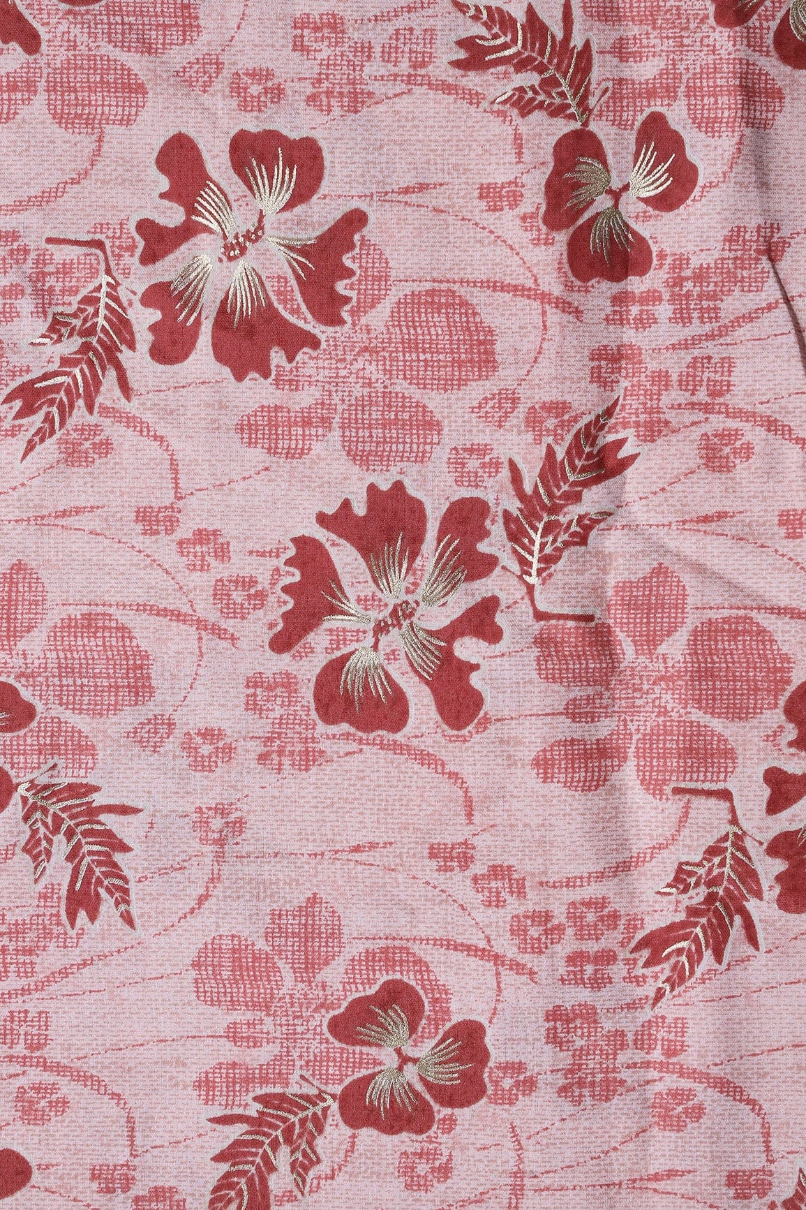 Pastel Pink And Brick Red Floral Foil Print On Viscose Chanderi Silk Fabric - doeraa
