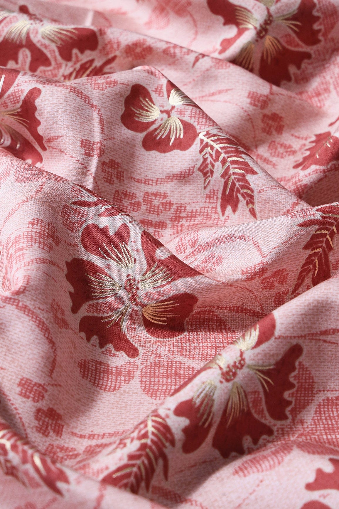 Pastel Pink And Brick Red Floral Foil Print On Viscose Chanderi Silk Fabric - doeraa