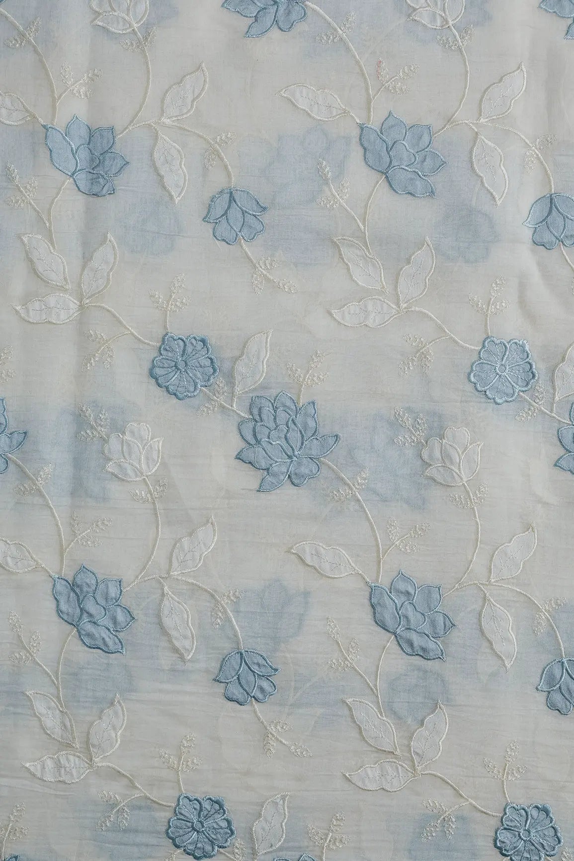 Pastel Sky Blue Thread Elegant Floral Embroidery Work On Off White Pure Mul Chanderi Silk Fabric - doeraa