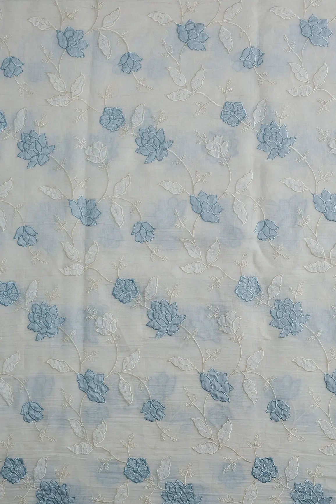 Pastel Sky Blue Thread Elegant Floral Embroidery Work On Off White Pure Mul Chanderi Silk Fabric - doeraa