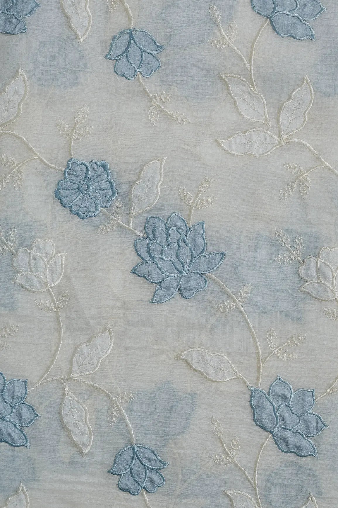 Pastel Sky Blue Thread Elegant Floral Embroidery Work On Off White Pure Mul Chanderi Silk Fabric - doeraa
