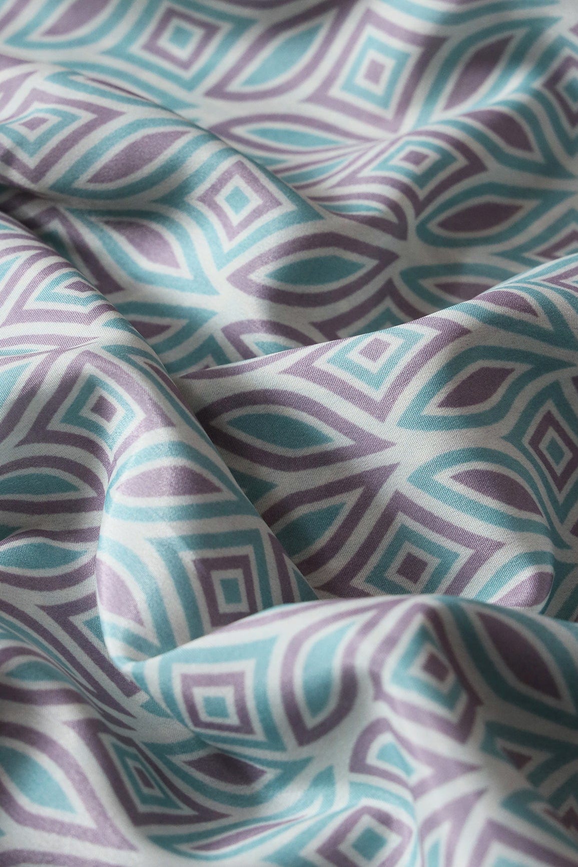 Pastel Teal And Lavender Geometric Pattern Digital Print On French Crepe Fabric - doeraa