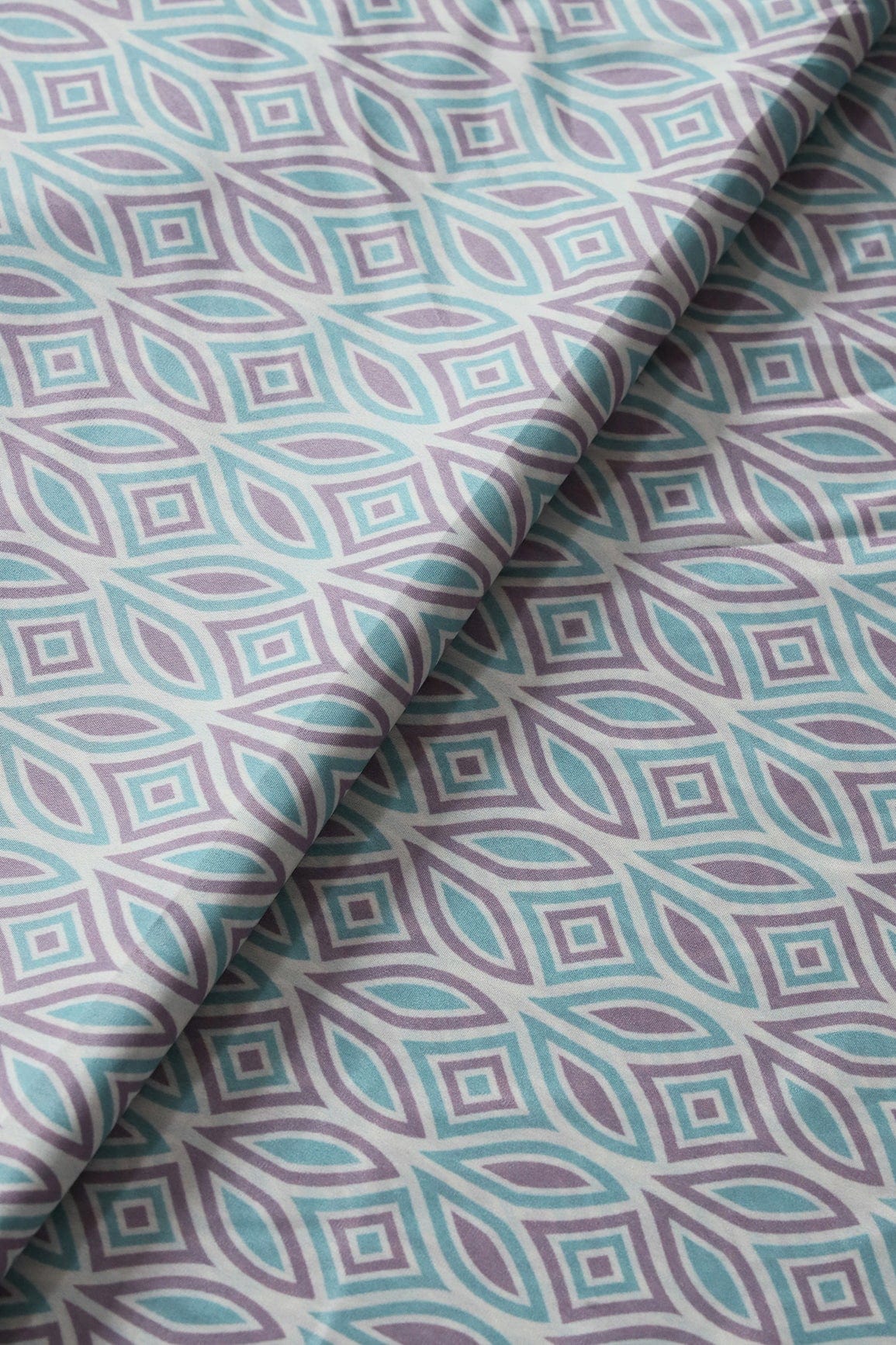 Pastel Teal And Lavender Geometric Pattern Digital Print On French Crepe Fabric - doeraa