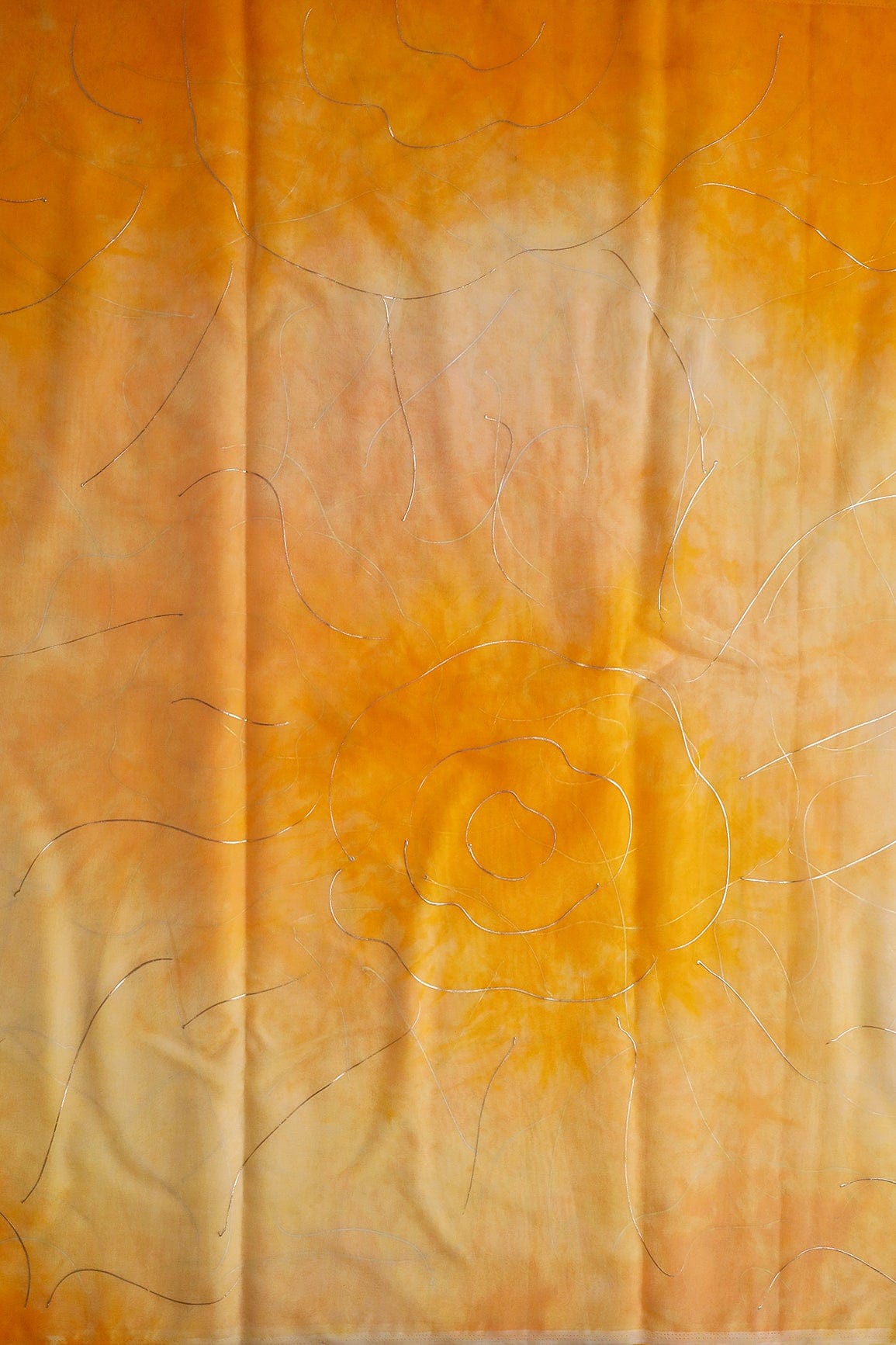 Pastel Yellow Tie & Dye Shibori Foil Print On Organza Fabric - doeraa