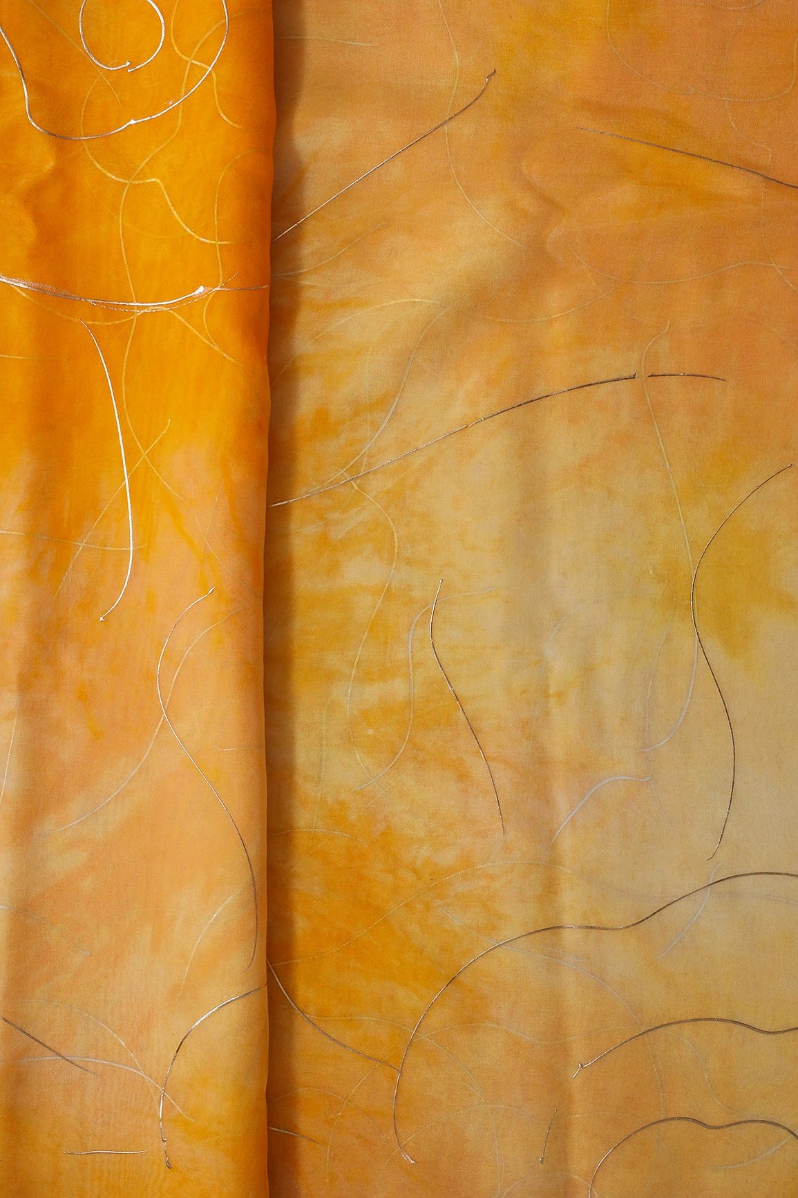 Pastel Yellow Tie & Dye Shibori Foil Print On Organza Fabric - doeraa