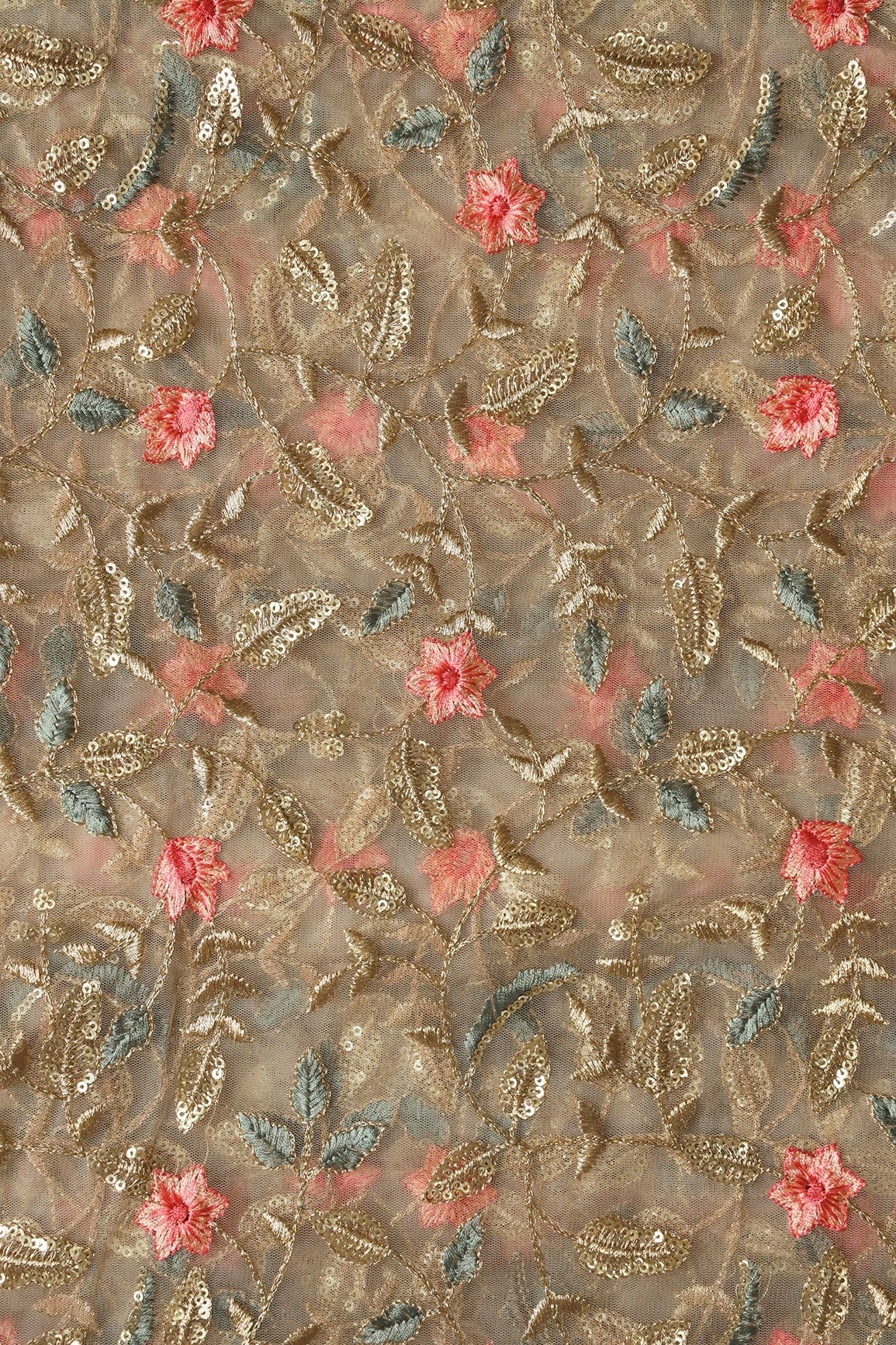 Peach And Beige Thread With Gold Sequins Floral Heavy Embroidery Work On Beige Soft Net Fabric - doeraa