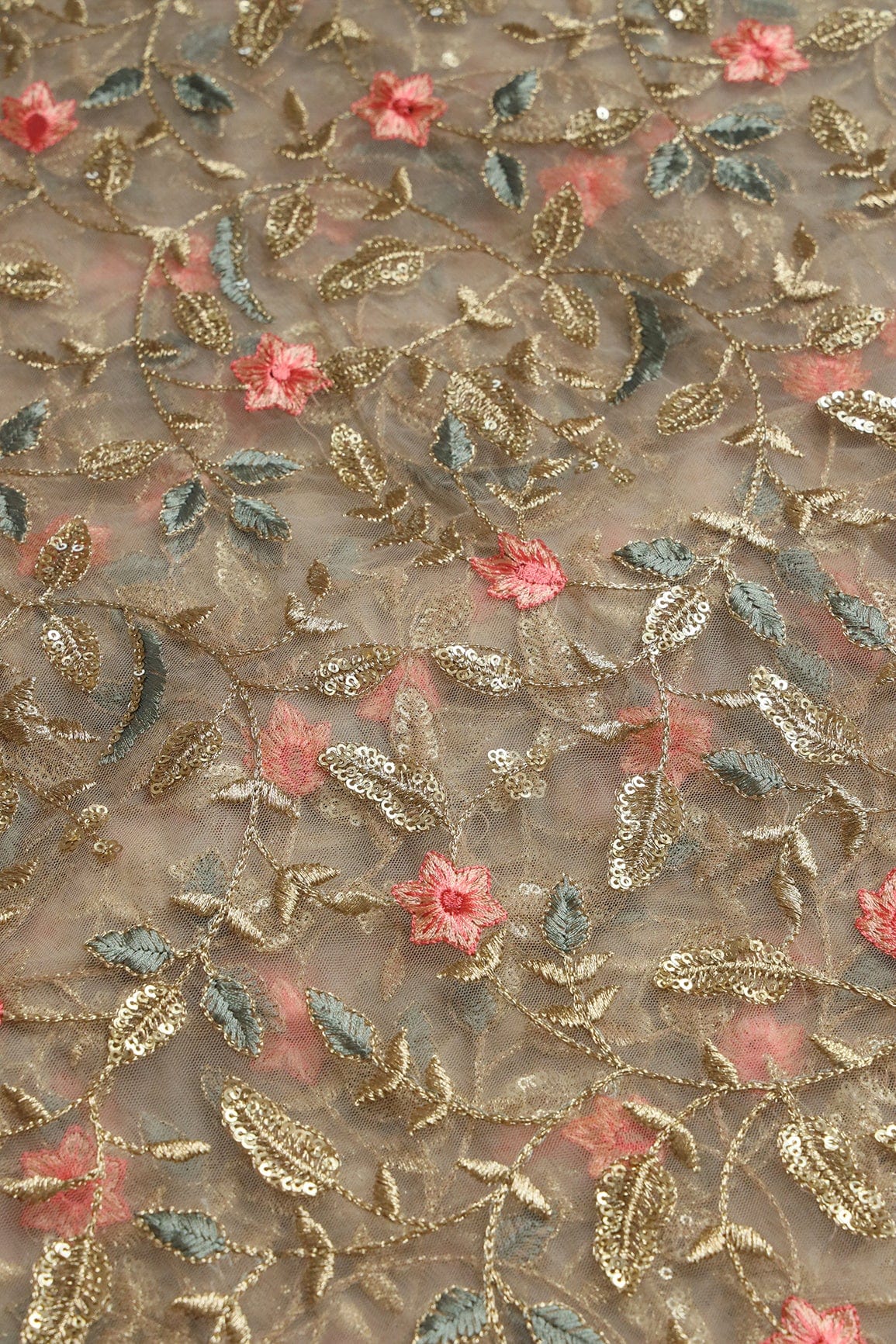 Peach And Beige Thread With Gold Sequins Floral Heavy Embroidery Work On Beige Soft Net Fabric - doeraa