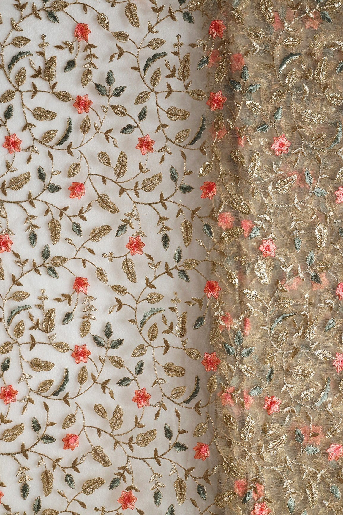 Peach And Beige Thread With Gold Sequins Floral Heavy Embroidery Work On Beige Soft Net Fabric - doeraa