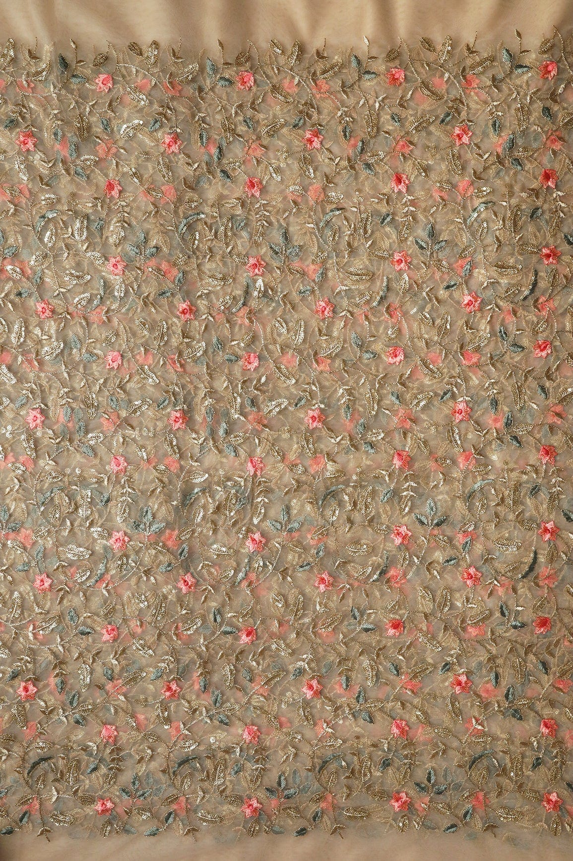Peach And Beige Thread With Gold Sequins Floral Heavy Embroidery Work On Beige Soft Net Fabric - doeraa