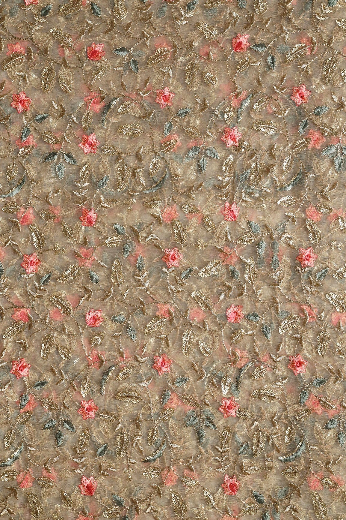 Peach And Beige Thread With Gold Sequins Floral Heavy Embroidery Work On Beige Soft Net Fabric - doeraa