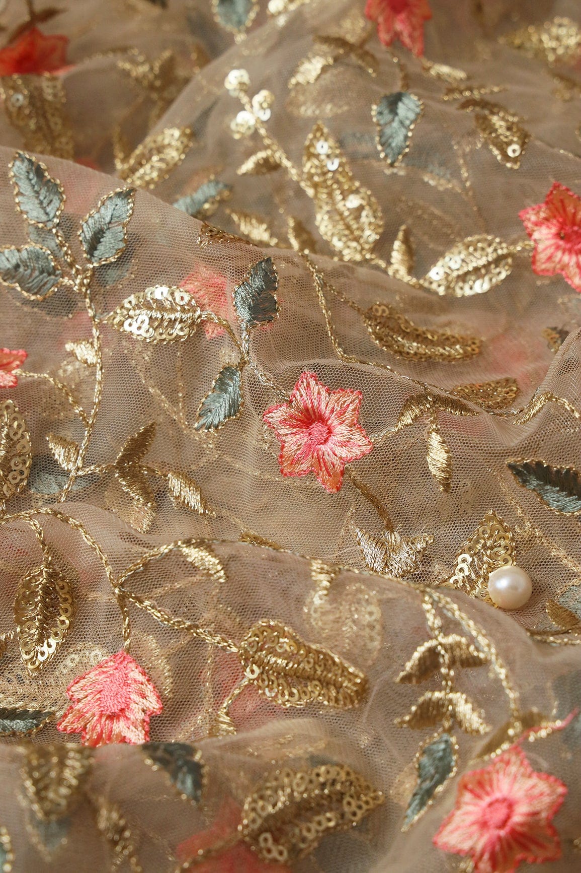 Peach And Beige Thread With Gold Sequins Floral Heavy Embroidery Work On Beige Soft Net Fabric - doeraa